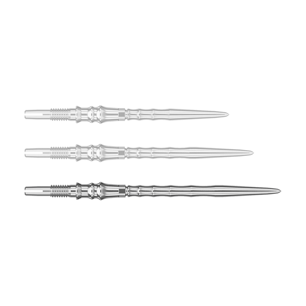 Puntas de dardo Target Japan Premium Swiss Point - Plateadas Abgebildet ist eine einzelne silberne SwissPoint-Dartspitze mit einer Länge von 40 mm. Die Spitze gehört zur Target Japan Premium Serie.