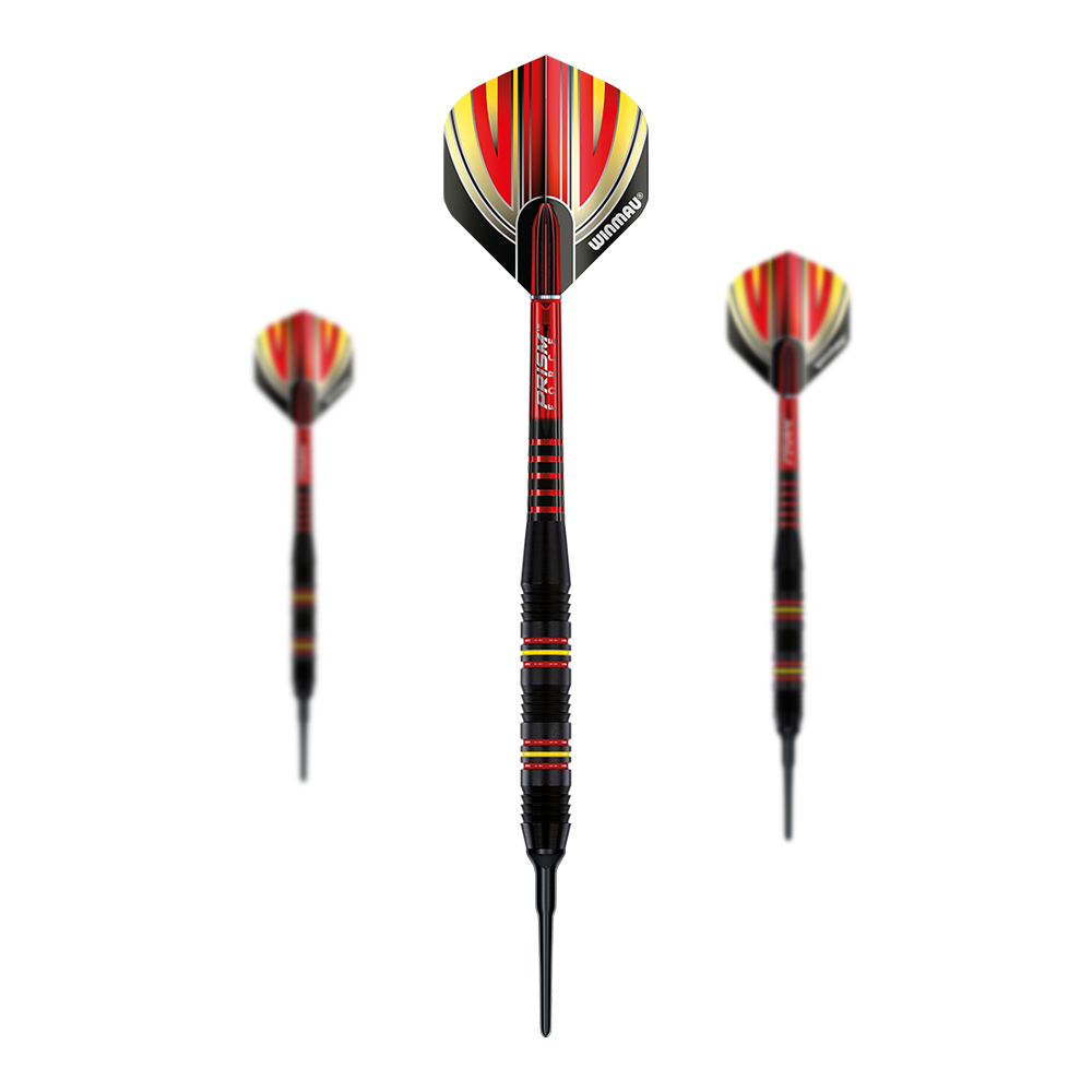 Dardos blandos Winmau Outrage V2 de latón recubierto de negro - 18 g Das Bild zeigt drei Softdarts des Modells "Winmau Outrage V2 Black Coated Brass" mit 18 Gramm Gewicht. Die Darts sind überwiegend schwarz und rot mit gelben Akzenten und haben eine auffällige, moderne Optik.