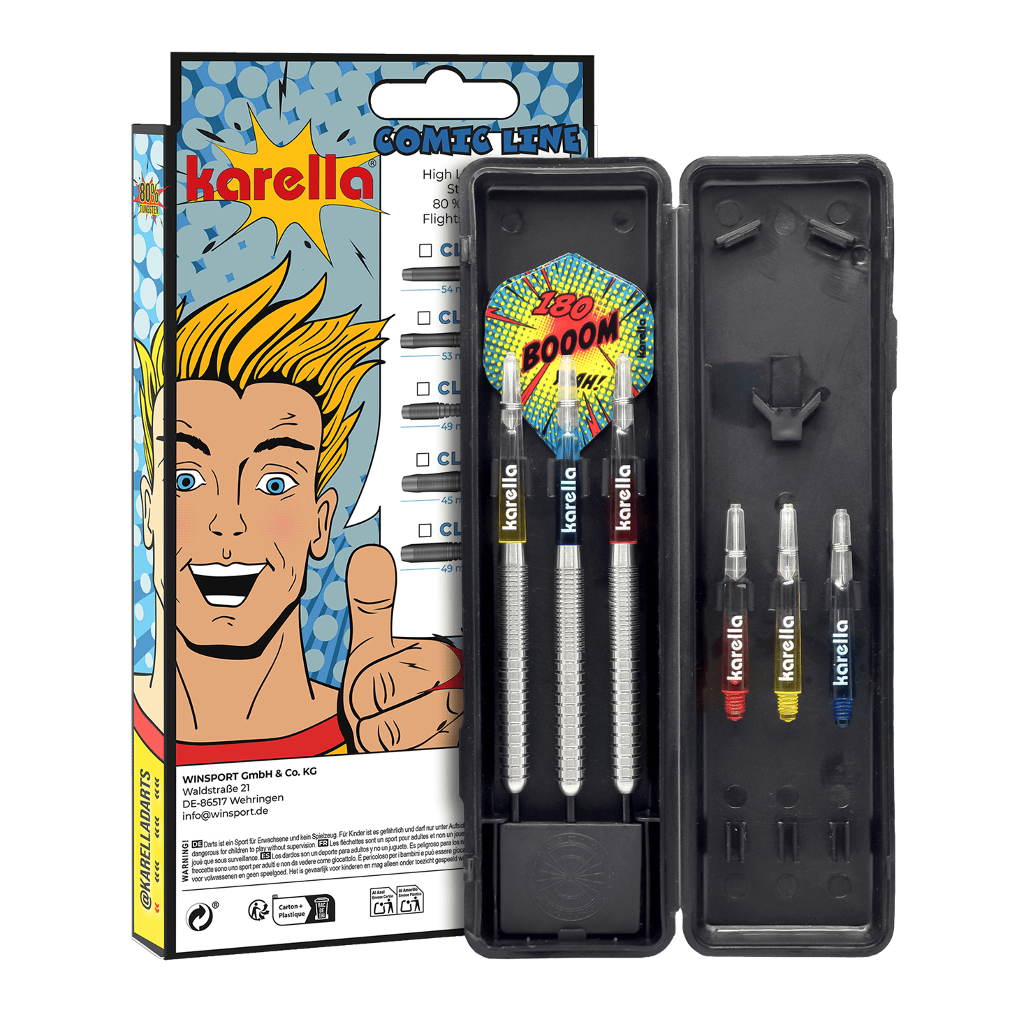 Hier sehen Sie den Karella Comic Line CL-1 Steeldarts - 22g. Das Foto präsentiert Details des Dartpfeils.
