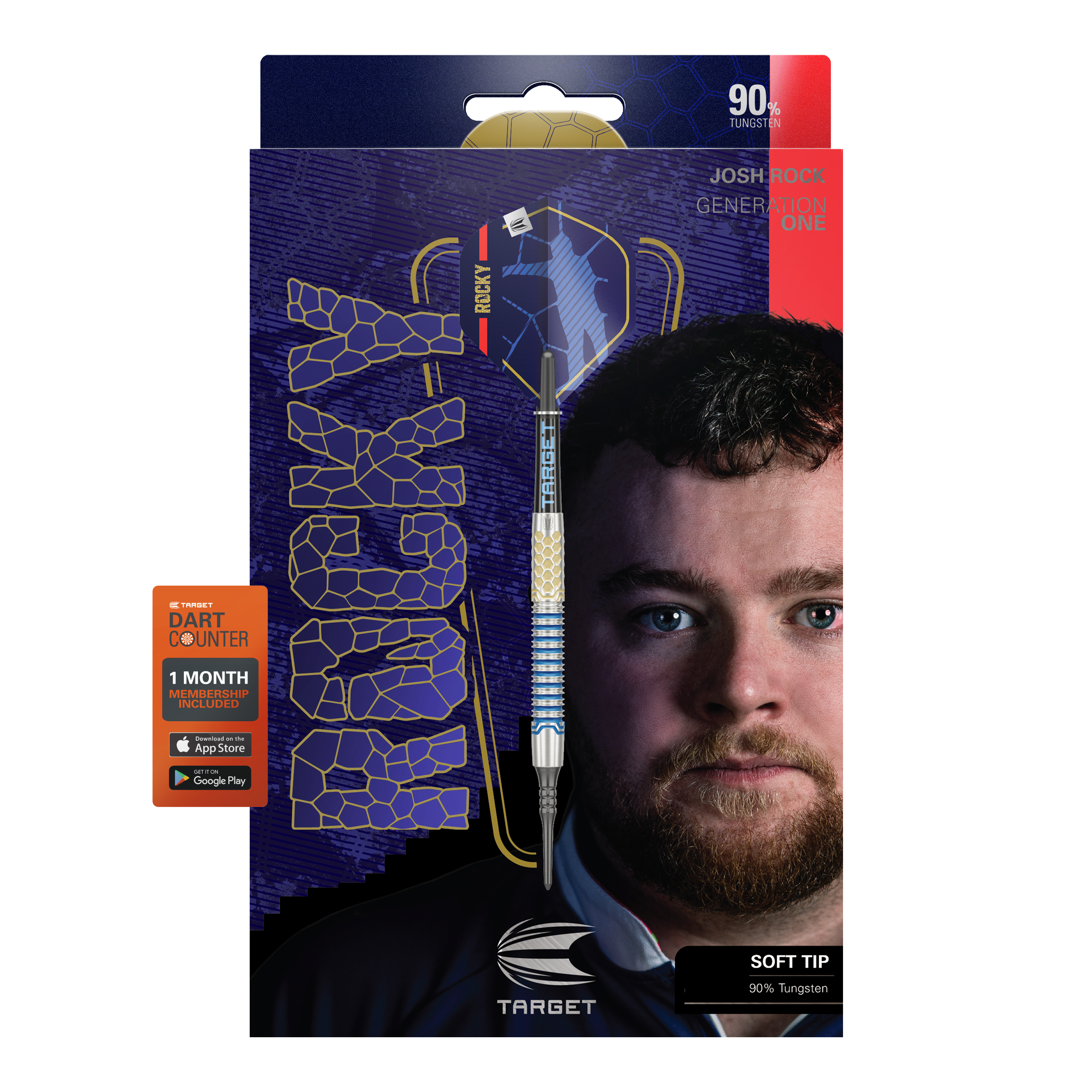 Dardos blandos Target Josh Rock GEN1 - 20 g Die Abbildung zeigt die Softdarts "Target Josh Rock GEN1" mit einem Gewicht von 20g. Auf der Verpackung ist ein Porträt eines Mannes sowie die Angabe "90% Tungsten" und "SOFT TIP" zu sehen.