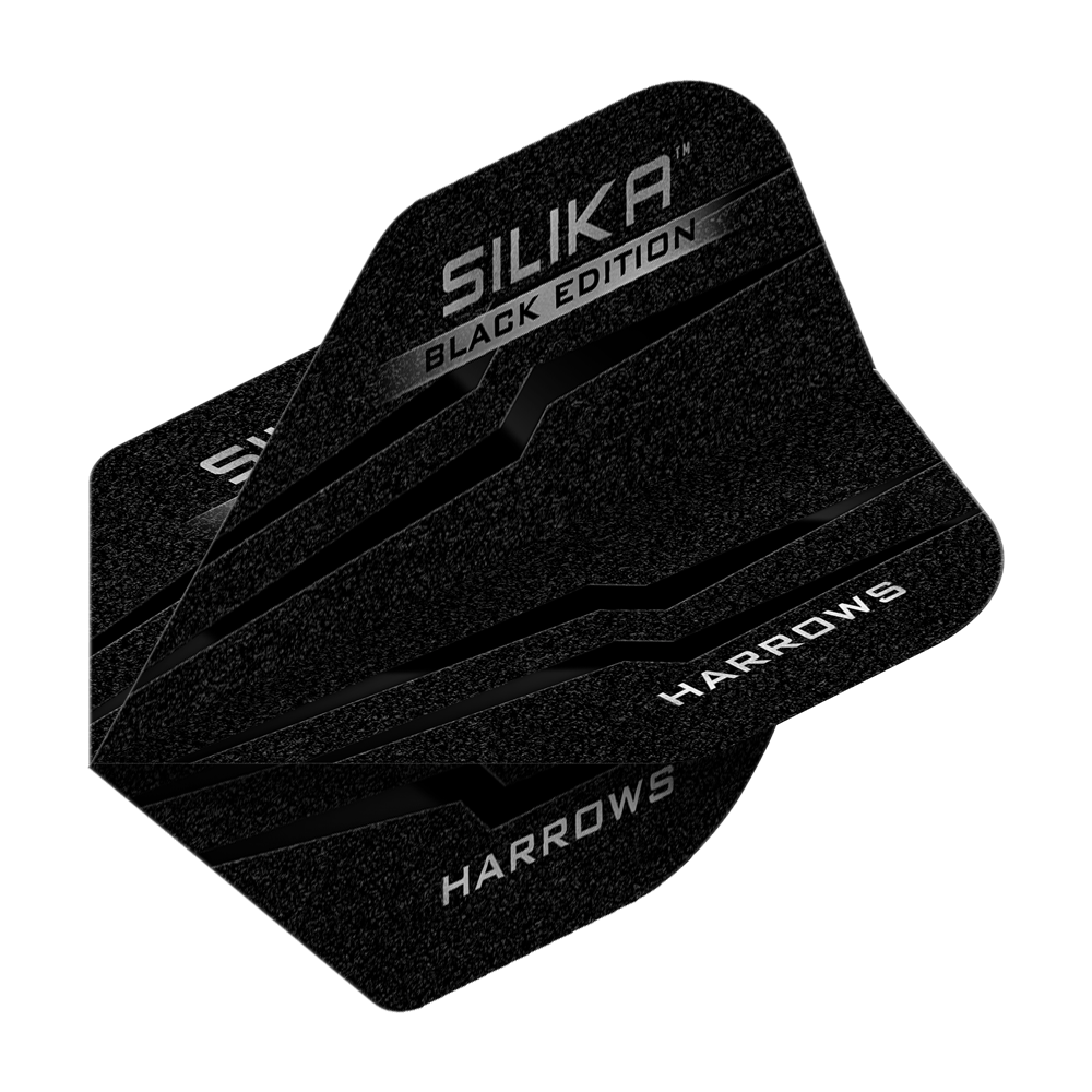 Plumas estándar Harrows Silika Black Edition No2 Das Bild zeigt die Harrows Silika Black-Edition No2 Standard Flights. Die Flights sind schwarz mit silbernen Akzenten und dem Aufdruck "Harrows" sowie "Silika Black Edition".