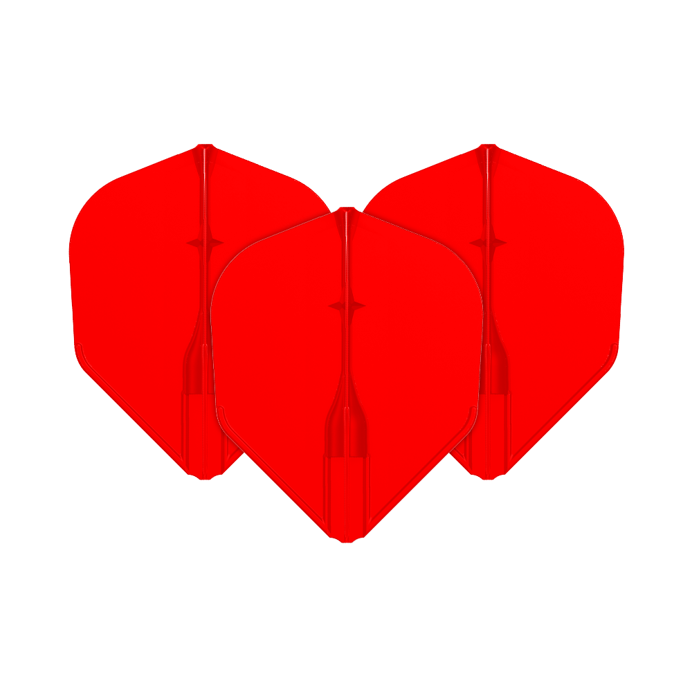 Vuelos L-L-Style3EZ Auf dem Bild sind drei rote Dart-Flights zu sehen. Sie sind nebeneinander angeordnet und haben eine klassische Pfeilform.