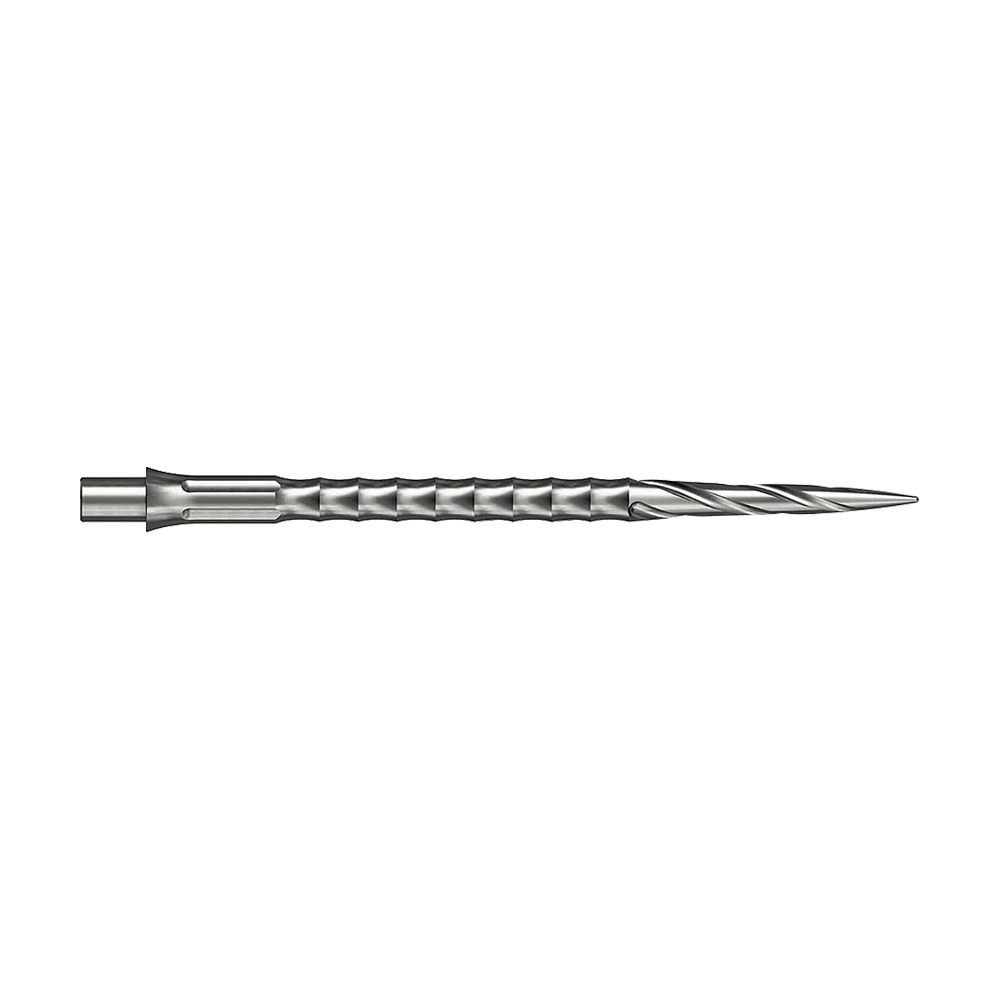 Puntas de dardos de acero Caliburn System - Spiro - NoLip - plateadas Die Abbildung zeigt ein silbernes Steeldartspitze aus dem Caliburn Evo System. Die Spitze hat ein Spiro NoLip Design und eine Länge von 40 mm.
