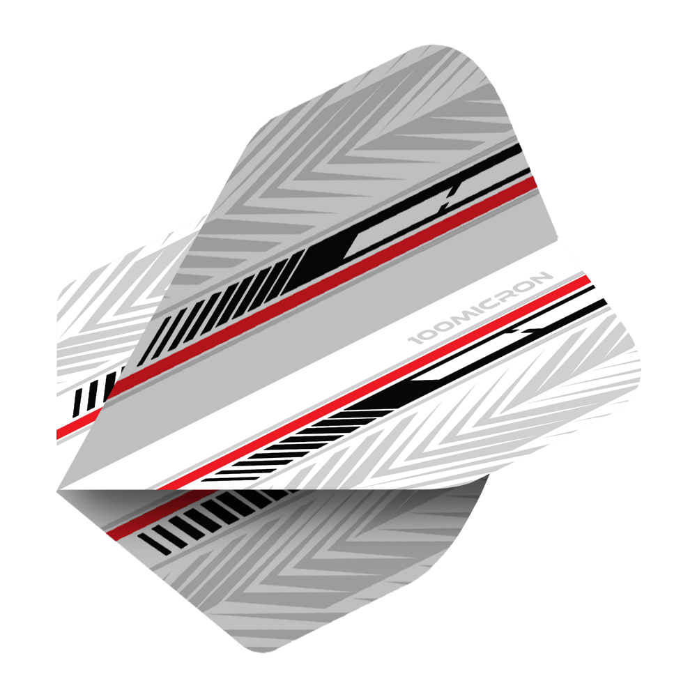 Vuelos de pentatlón blanco/negro/rojo Das Bild zeigt ein Dart-Flight mit dem Namen "Pentathlon White Black Red No2 Standard Flights". Es ist überwiegend weiß und grau mit schwarzen und roten Akzenten und geometrischem Muster gestaltet.