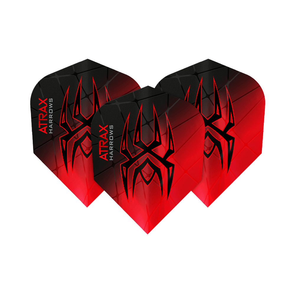 Vuelos Harrow's Atrax Prime No6 Das Bild zeigt drei Harrows Atrax Prime No6 Flights in Schwarz und Rot mit einem markanten Spinnennetz-Design. Auf jedem Flight steht der Name "Atrax Harrows" an der Seite.