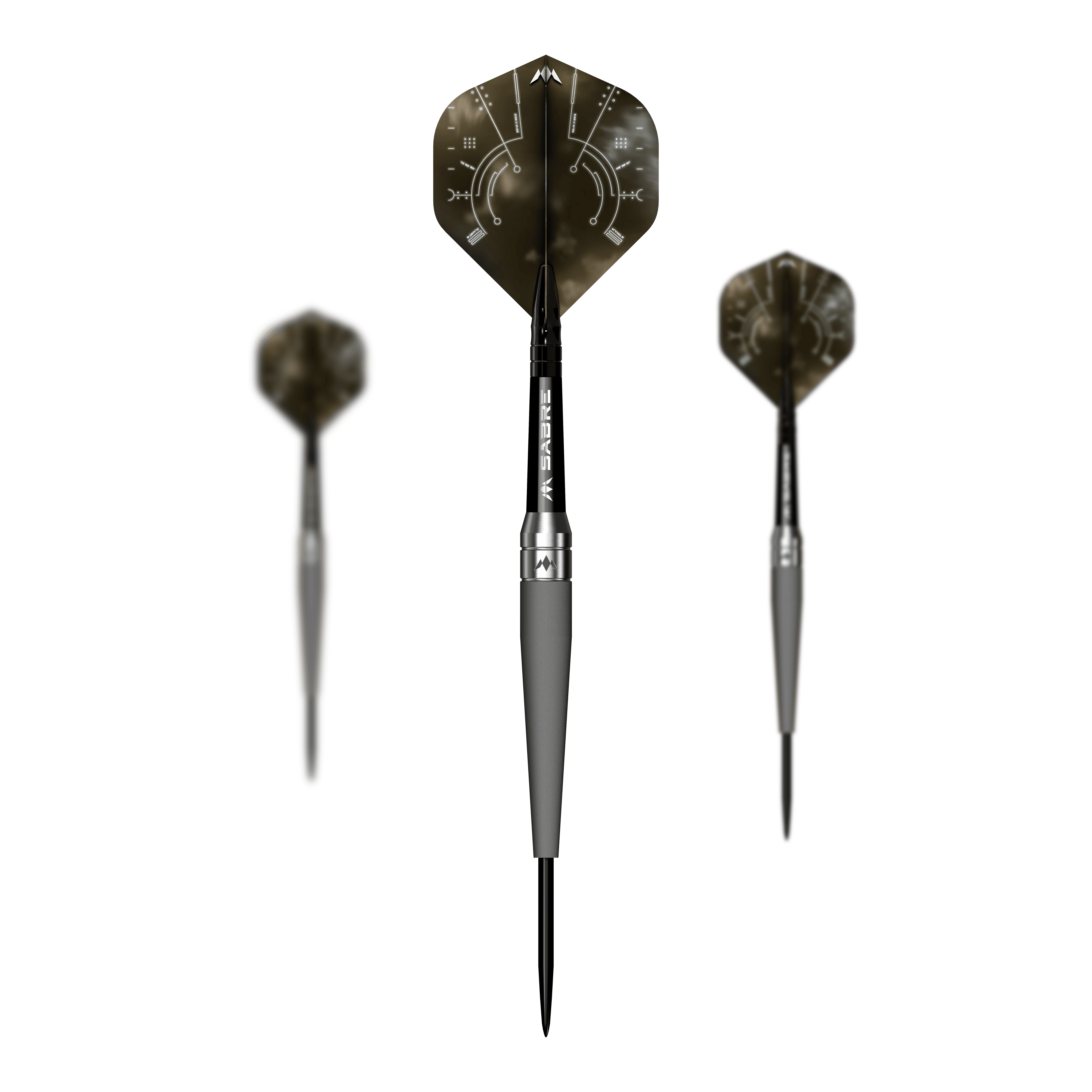Dardos de acero Mission Saturn Titan Das Bild zeigt drei Steeldarts des Produkts „Mission Saturn Titan“. Die Darts haben eine schwarze Spitze, einen silbernen Körper und auffällige Flights mit einem futuristischen Design.