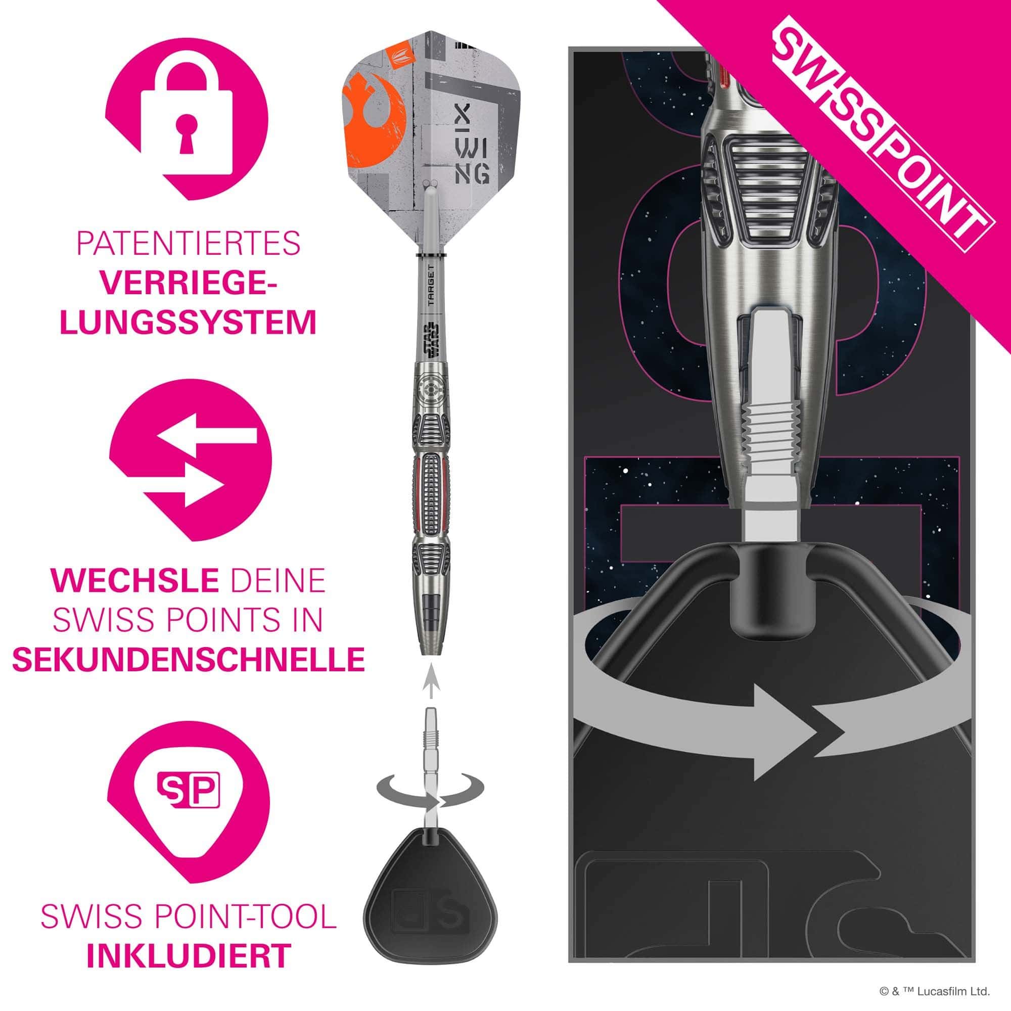 Dardos de acero Target Star Wars X-Wing Swiss Point Target Star Wars X-Wing Swiss Point Steeldarts sind abgebildet. Das Produkt ist inspiriert von Star Wars und in einem speziellen Design gestaltet.