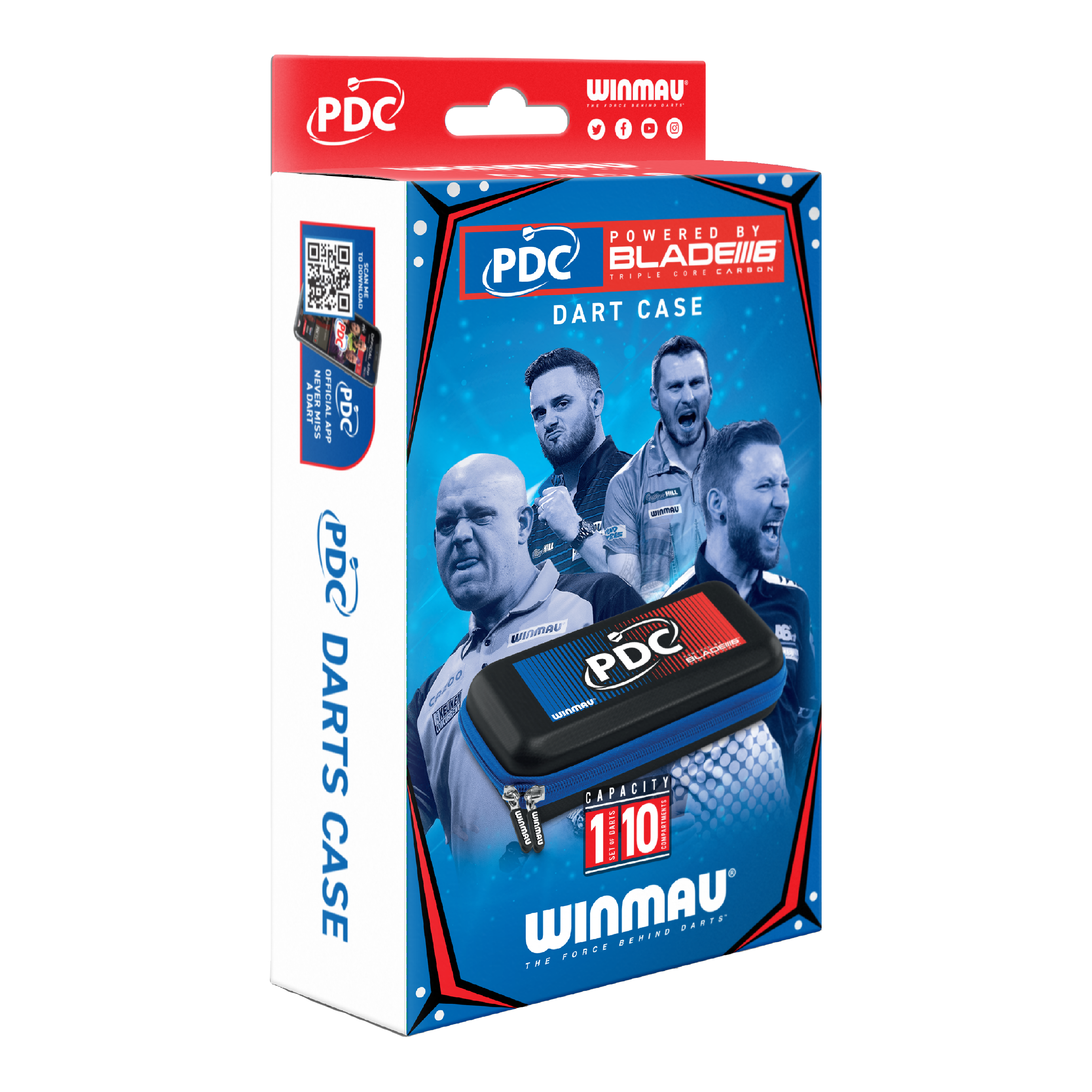 Estuche para dardos Winmau PDC Die Abbildung zeigt die Verpackung des Winmau PDC Dartcase. Auf der Box sind Bilder von Dartspielern sowie das Etui und die Markenlogos zu sehen.