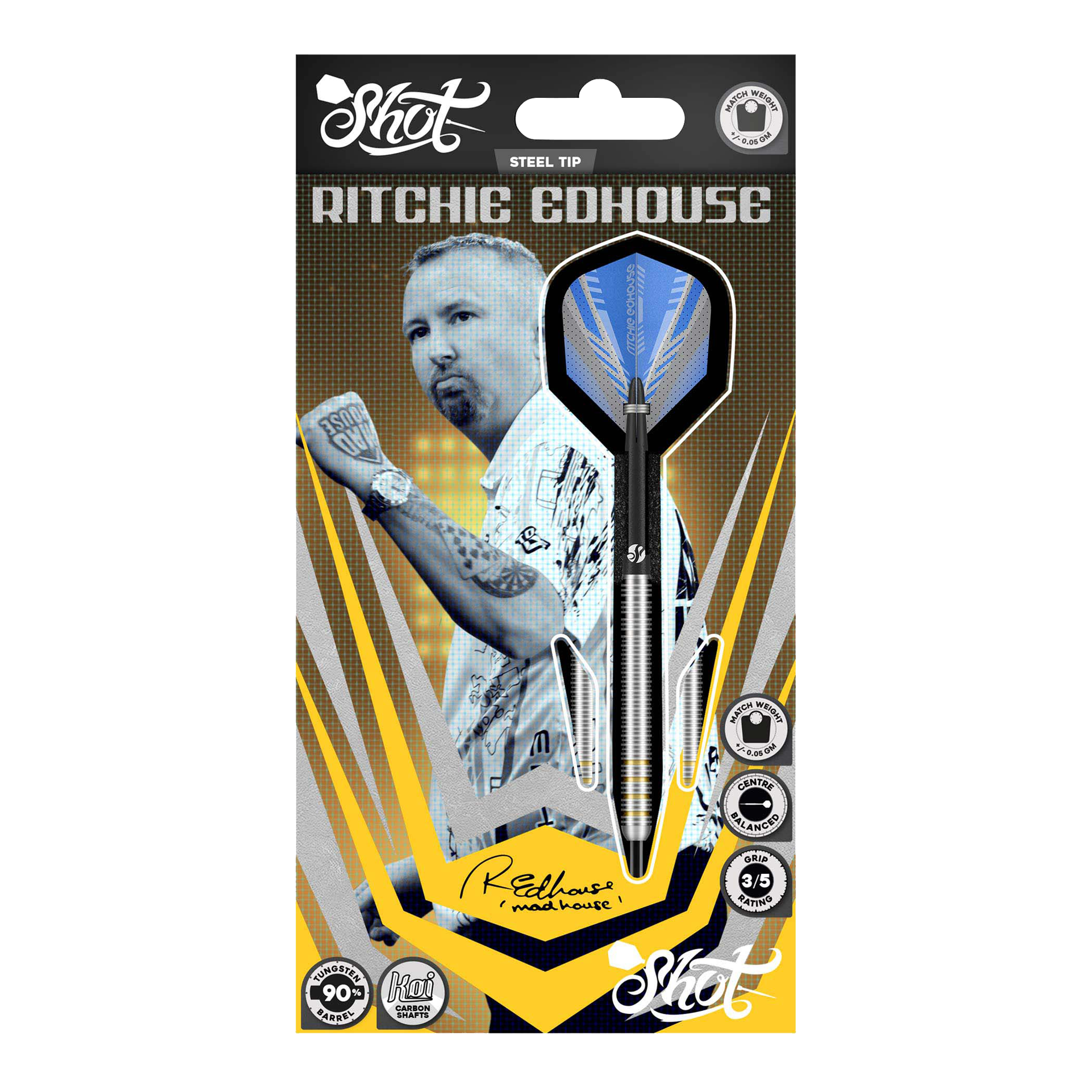Dardos de acero Core de Ritchie Edhouse Das Bild zeigt die Shot Ritchie Edhouse Core Steeldarts aus einer anderen Perspektive. Die Darts sind präzise verarbeitet und ideal für Profis.