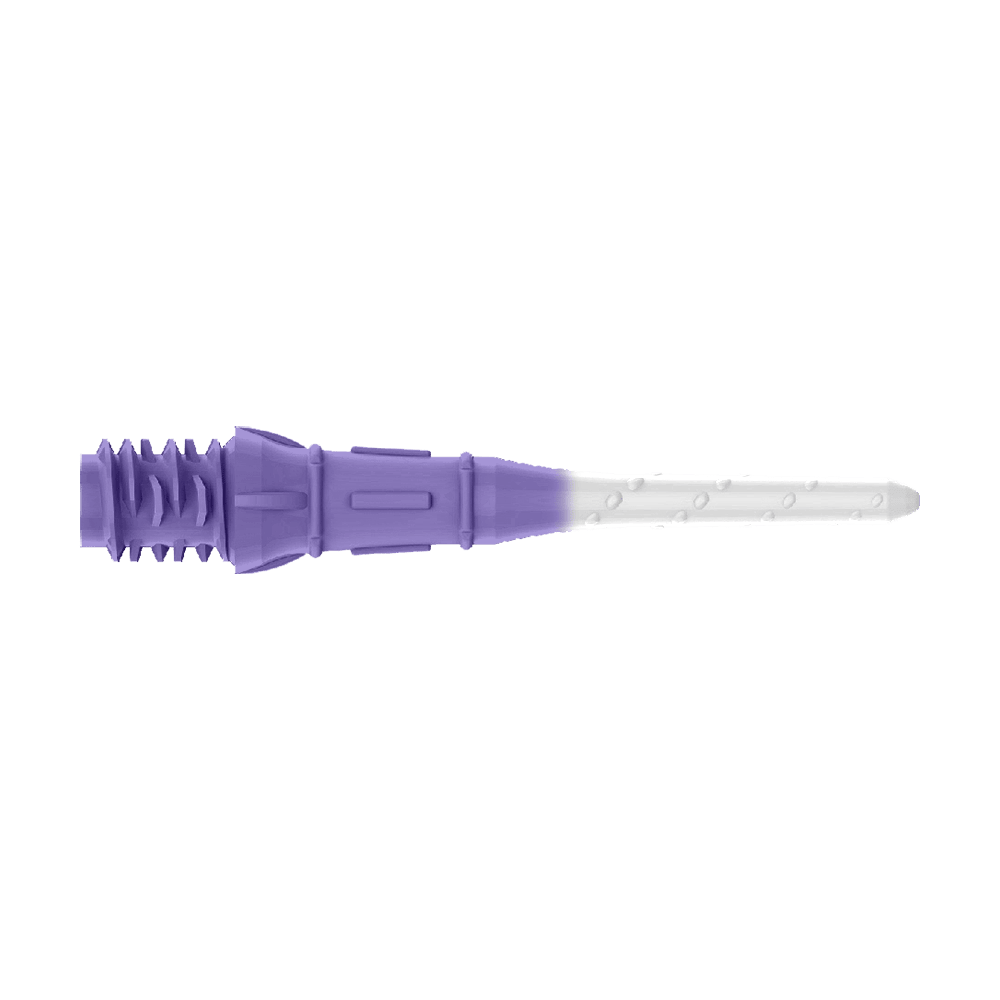 Labios de punta bicolor premium estilo L (paquete de 30) Das Bild zeigt eine zweifarbige Dartspitze in Lila und Weiß. Der vordere Teil ist weiß, während der hintere Teil lila ist.