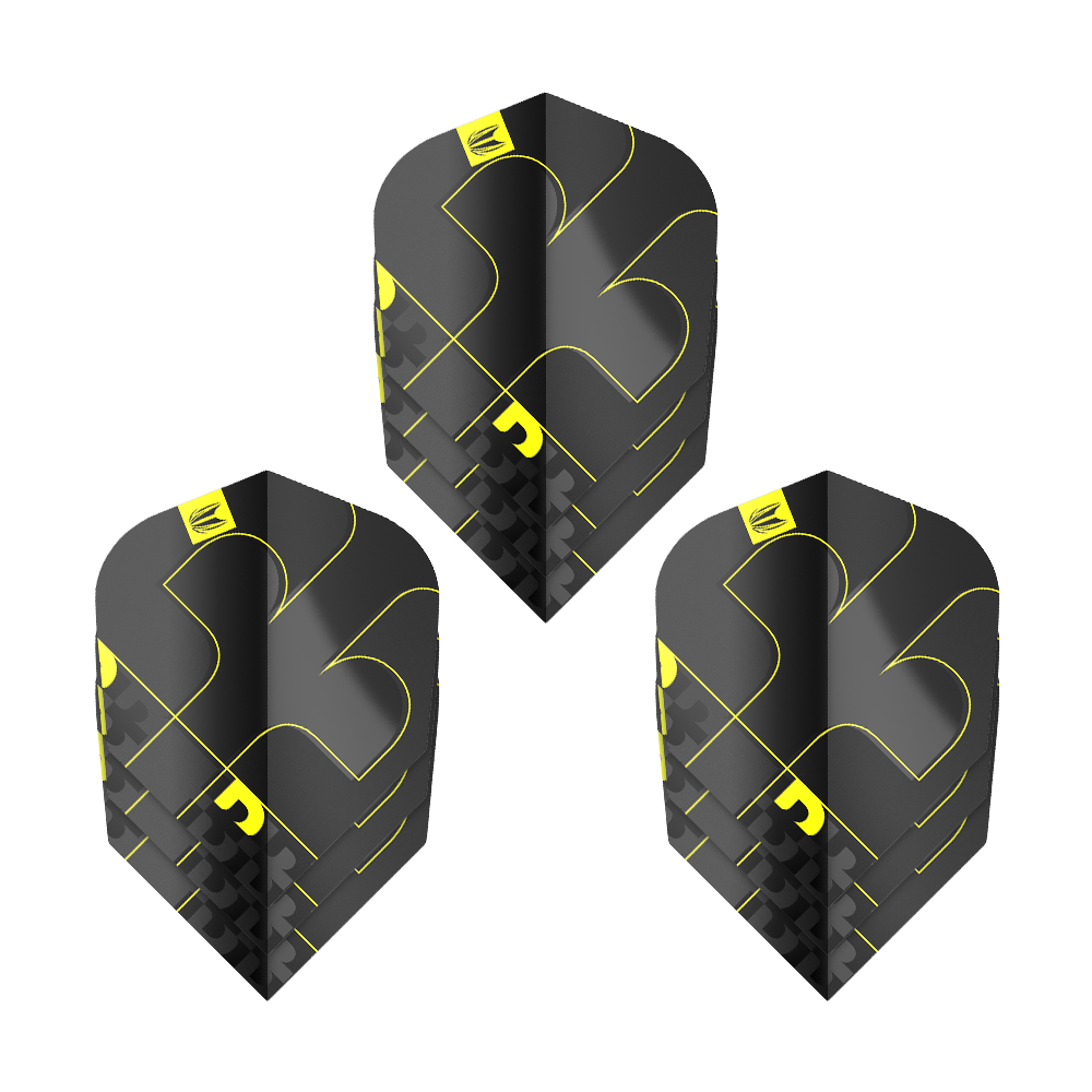 Vuelos Target ProUltra Bolide Void No6 Das Bild zeigt drei Target ProUltra Bolide Void No6 Flights. Die Flights sind schwarz mit gelben Akzenten und besitzen ein modernes, geometrisches Design.