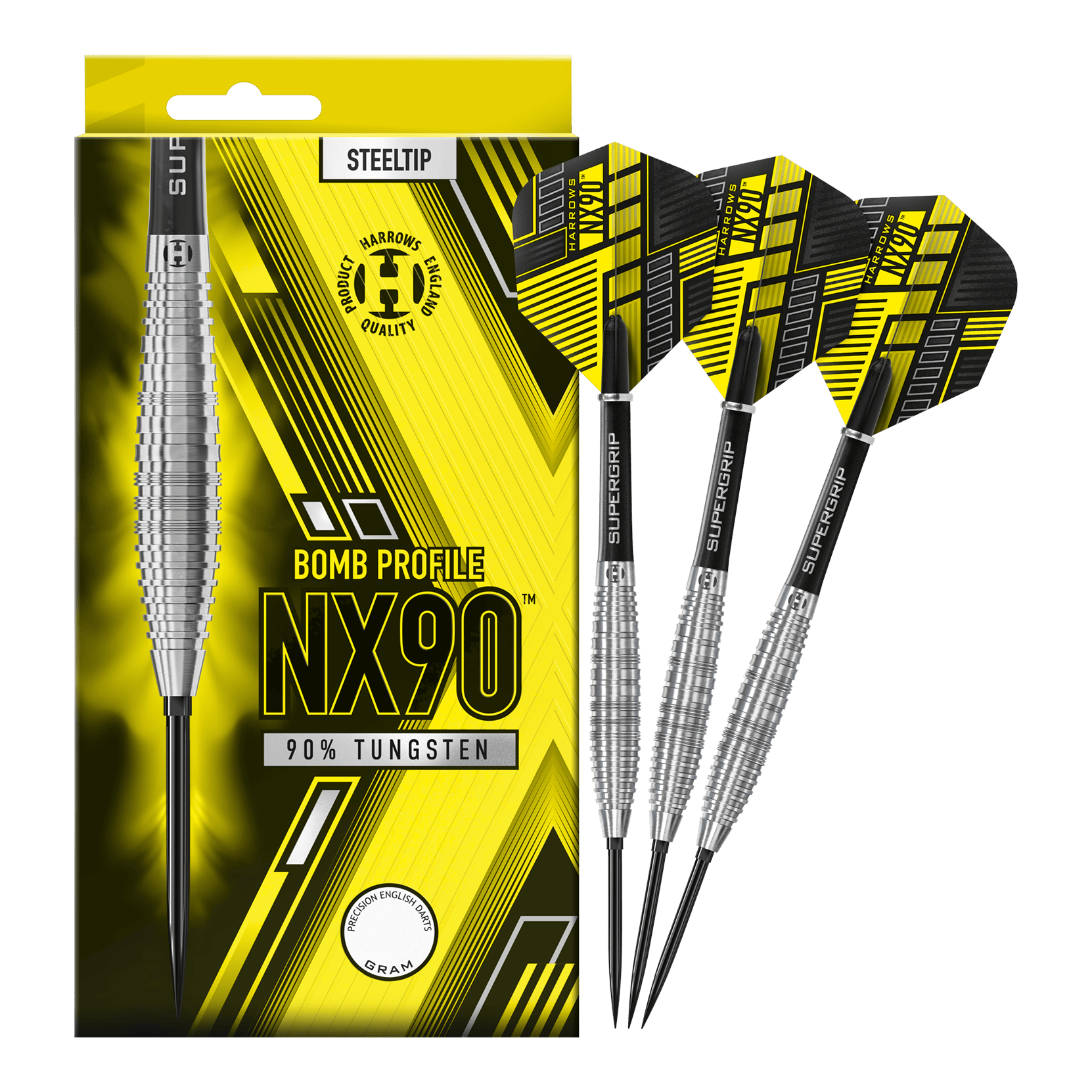 Gezeigt werden die Harrows NX90 Bomb Quick Point Steeldarts. Diese Darts bieten ein präzises Wurfverhalten für den Spieler.