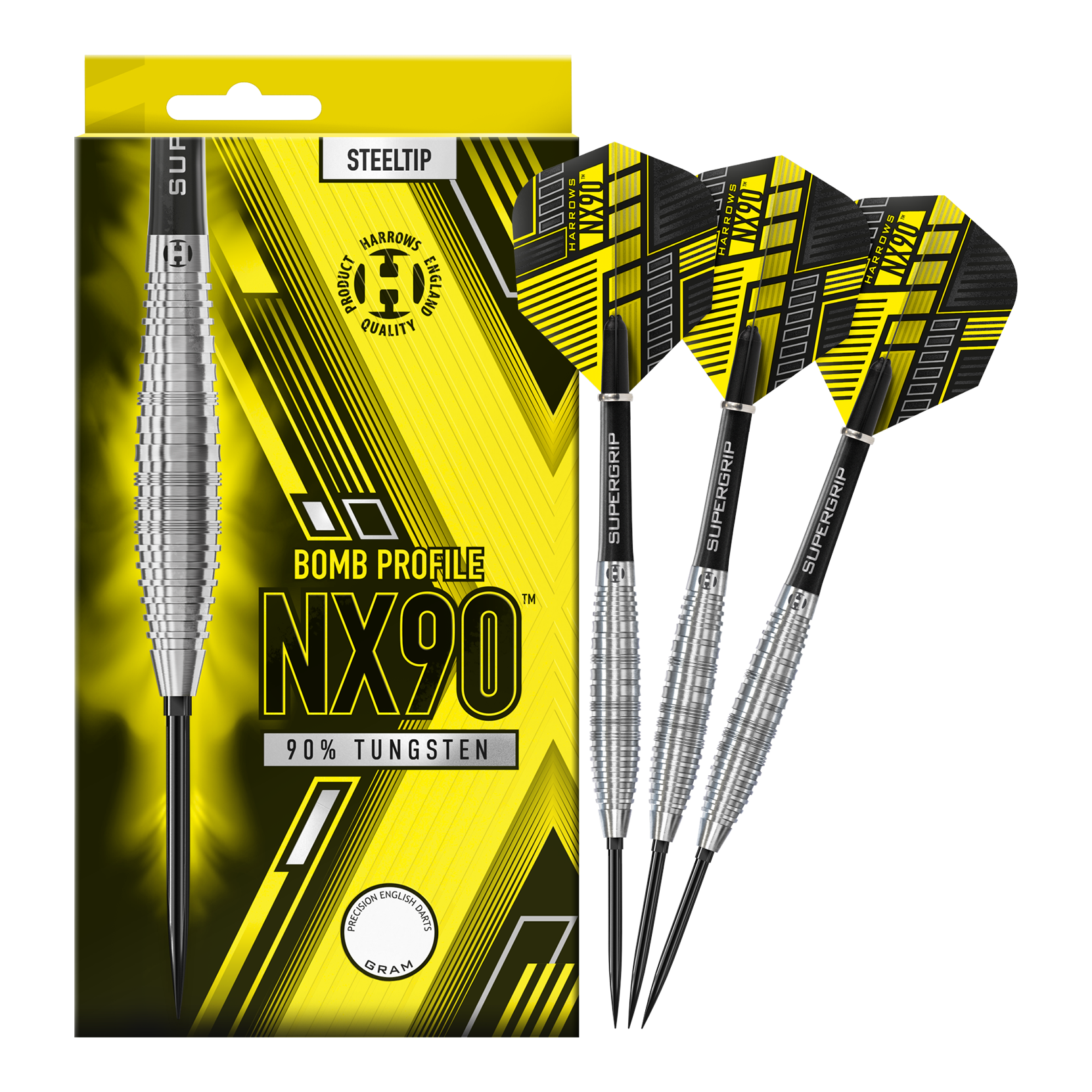 Dardos de acero de punta rápida Harrows NX90 Bomb Gezeigt werden die Harrows NX90 Bomb Quick Point Steeldarts. Diese Darts bieten ein präzises Wurfverhalten für den Spieler.