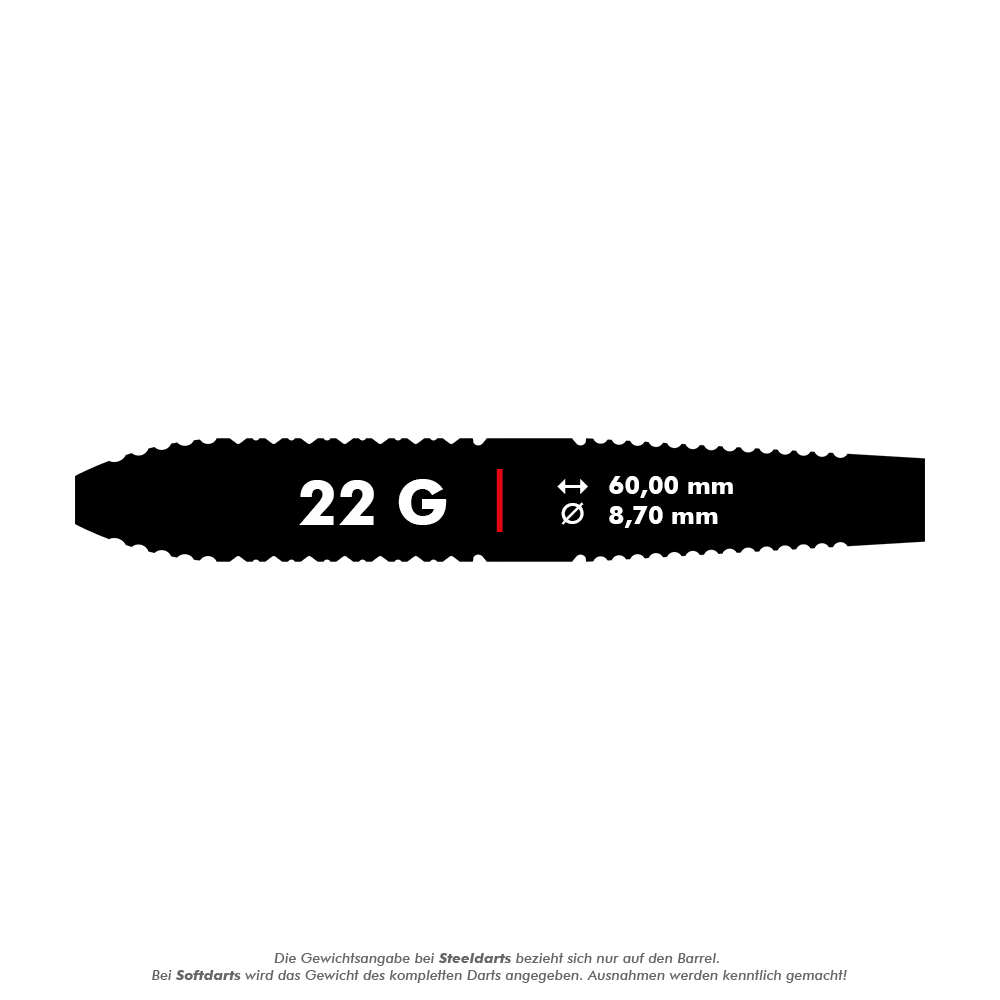 Dardos de acero de latón Target Luke Littler - 22 g Das Bild zeigt die Produkteigenschaften der "Target Luke Littler Brass Steeldarts - 22g". Die Darts wiegen 22 Gramm, sind 60,00 mm lang und haben einen Durchmesser von 8,70 mm.
