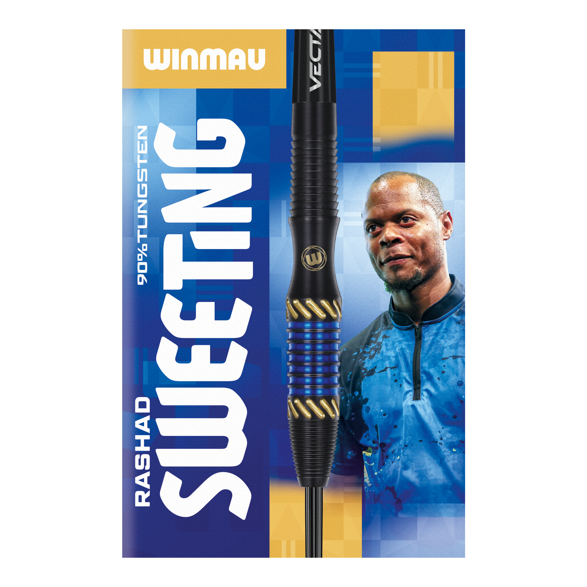 Dardos de acero Winmau Rashad Sweeting - 24 g Das Bild zeigt die Verpackung der "Winmau Rashad Sweeting Steeldarts - 24g". In der Mitte ist ein Dartpfeil abgebildet, daneben ist eine Person in einem blauen Outfit zu sehen.