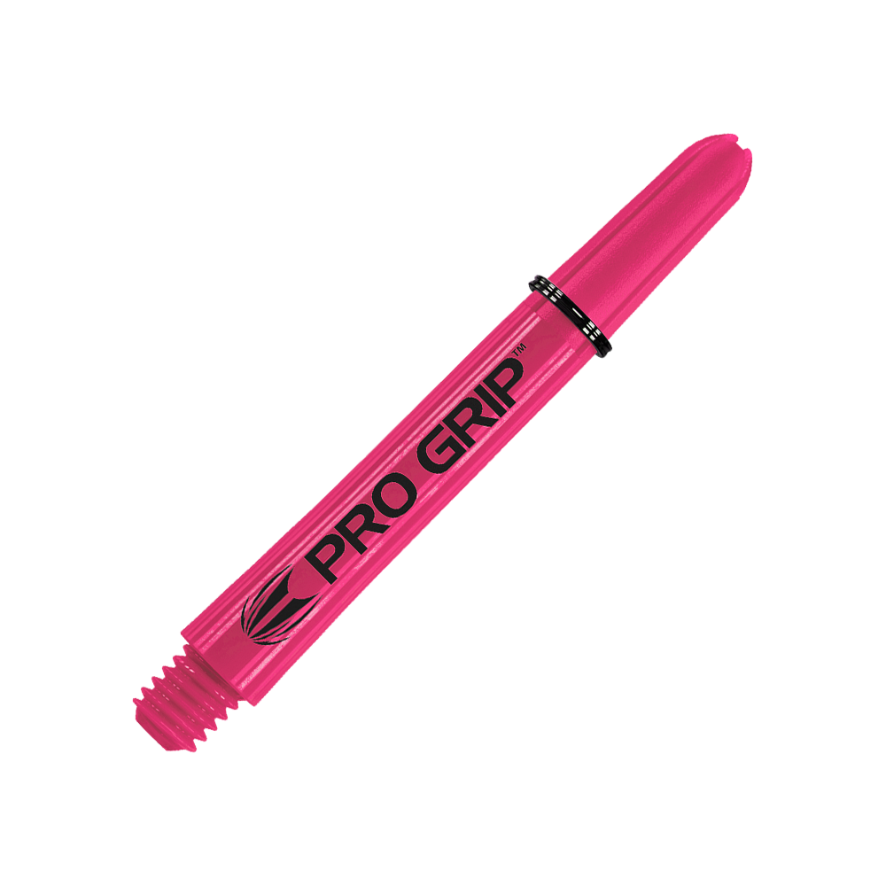 110856_Target_Pro_Grip_Shafts_Pink_41mm_2 Das Bild zeigt einen pinken Pro Grip Dartshaft mit schwarzer Aufschrift. Der Hintergrund ist ebenfalls pink mit diagonalen Linien.