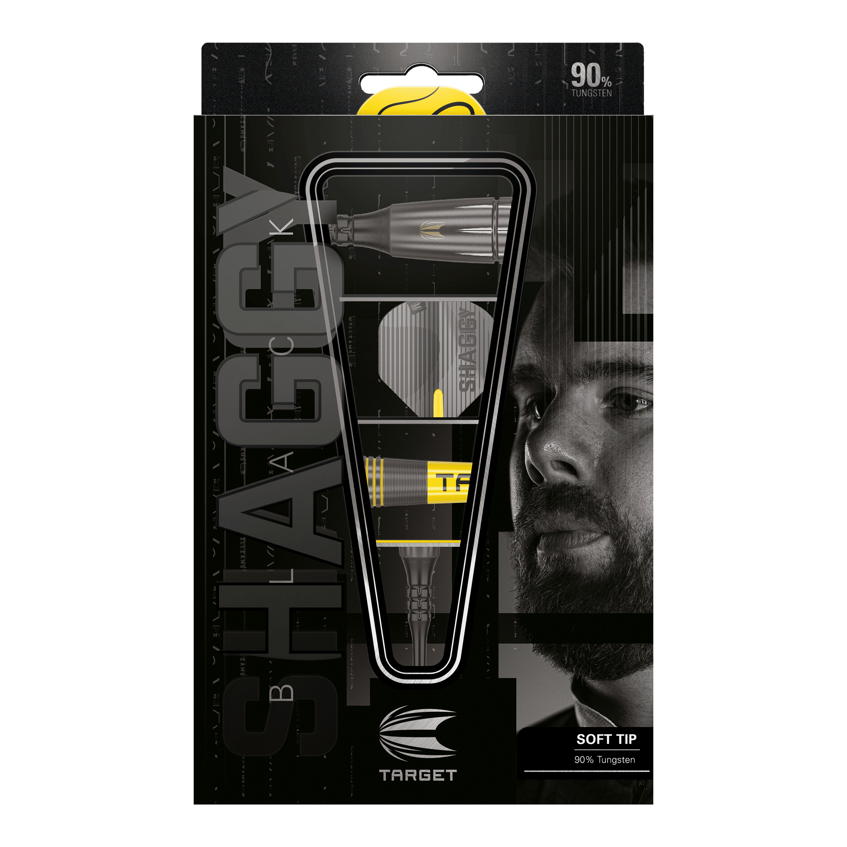 Dardos Target Scott Williams Shaggy negros suaves - 20 g Das Bild zeigt die Verpackung der "Target Scott Williams Shaggy Black Softdarts - 20g". Die Darts bestehen zu 90% aus Wolfram und haben eine schwarze und gelbe Optik.