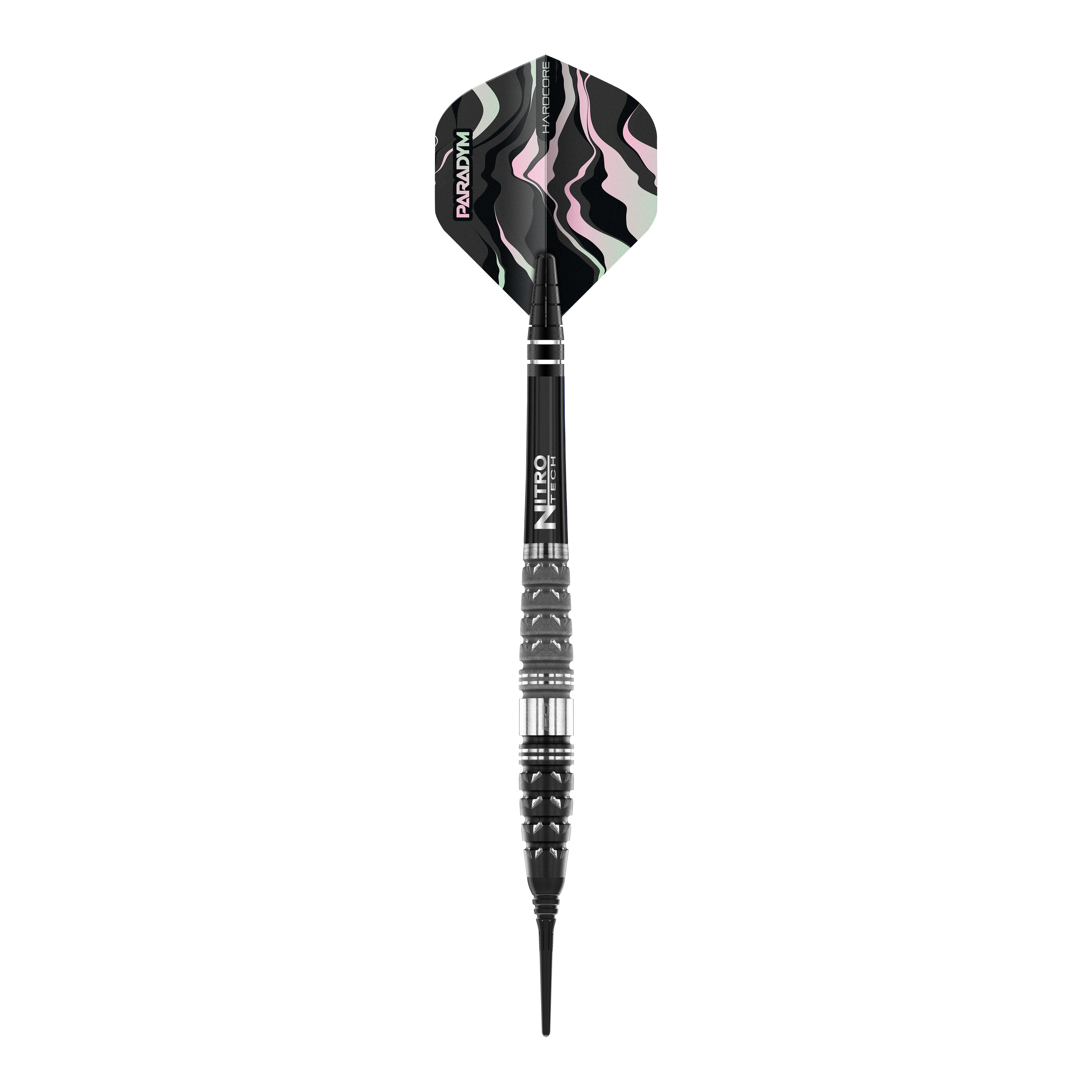 Dardos blandos Red Dragon Paradym Torpedo - 20 g Das Bild zeigt einen Red Dragon Paradym Torpedo Softdart mit einem Gewicht von 20g. Der Dart hat ein schwarzes Gehäuse mit silbernen Akzenten und ein Muster in dunklen Farben auf dem Flight.