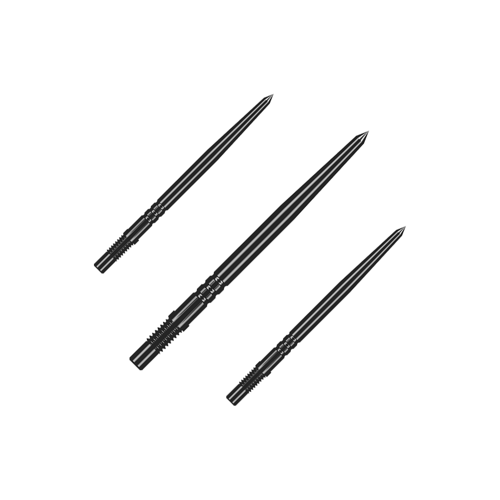 Puntas de dardo Shot Turbo Point - Negras Mehrere schwarze Dartspitzen gleicher Bauart liegen nebeneinander. Die Spitzen sind ein Zubehör für Steeldarts.