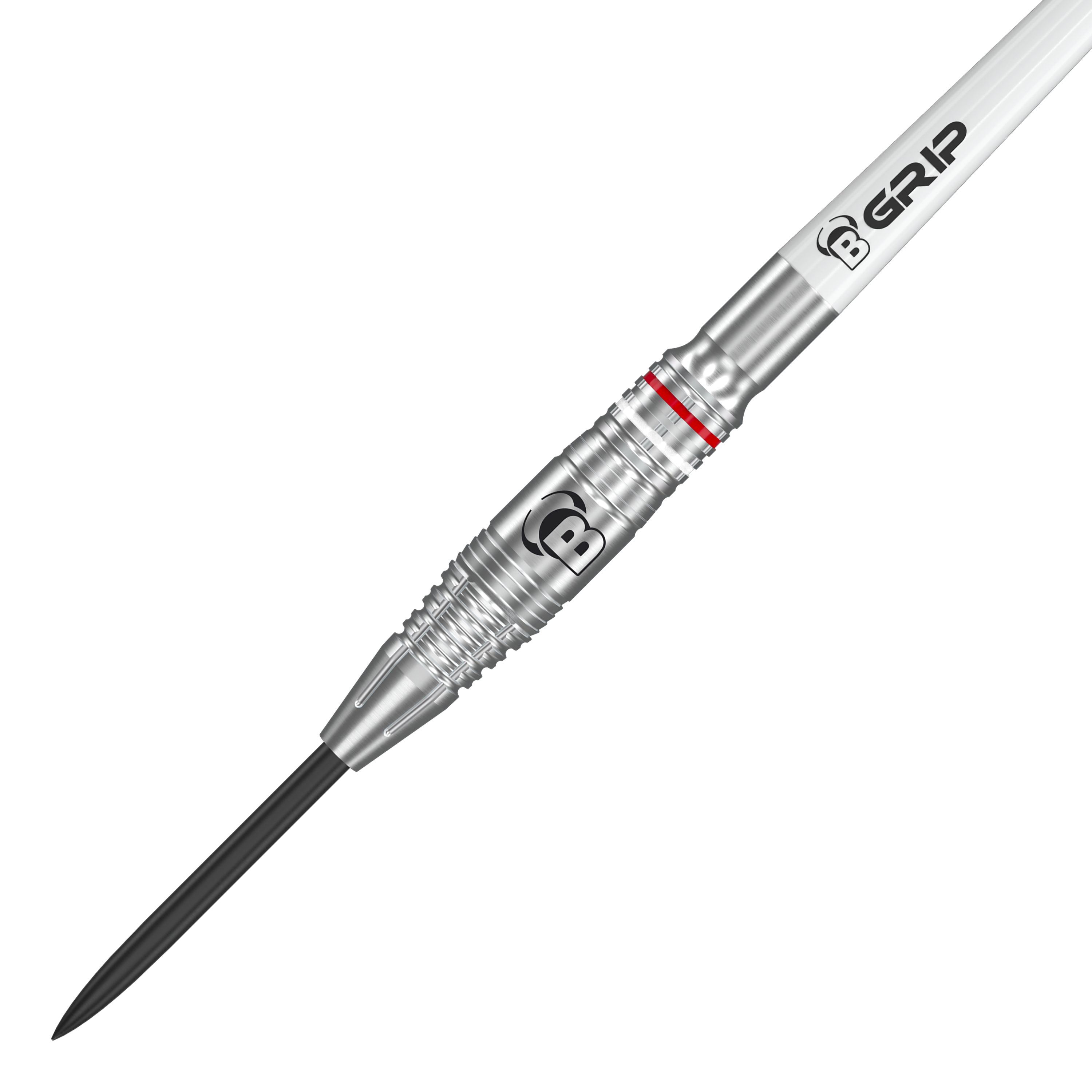 Dardos de acero Bulls Niko Springer Das Bild zeigt einen Bulls Niko Springer Steeldart. Der Dart ist silberfarben mit einem gezackten Griff und einem schwarzen Spitzenteil.
