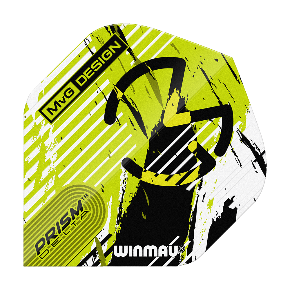 Vuelos estándar Winmau Delta Michael Van Gerwen Prism 03 Das Bild zeigt ein Winmau Delta Michael Van Gerwen Prism 03 Standard Flight. Das Design ist in Gelb, Schwarz und Weiß gehalten und trägt die Aufschrift „MvG Design“ sowie „Prism Delta“.