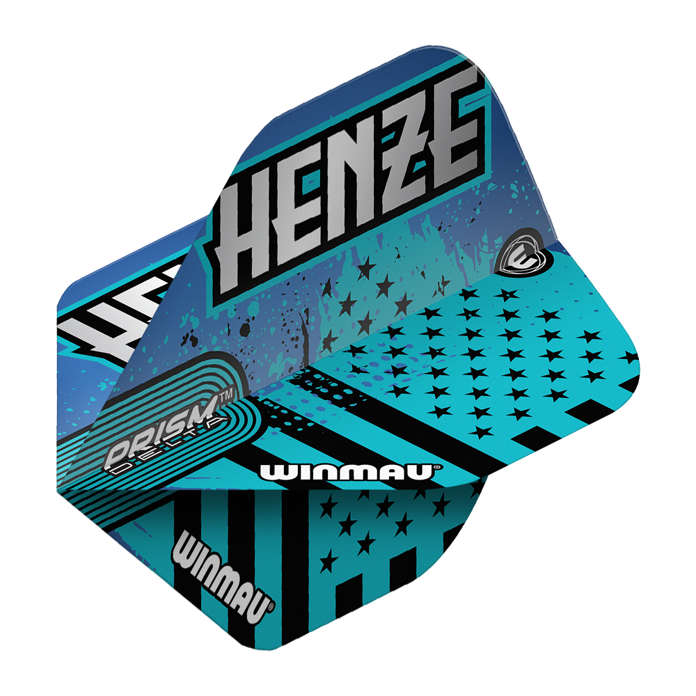 Vuelos estándar Winmau Prism Delta Rick Henze Das Bild zeigt die Winmau Prism Delta Rick Henze Standard Flights in einem auffälligen blauen Design mit schwarzen Sternen und Streifen. Auf den Flights steht der Name "Henze" und das Winmau-Logo ist deutlich sichtbar.