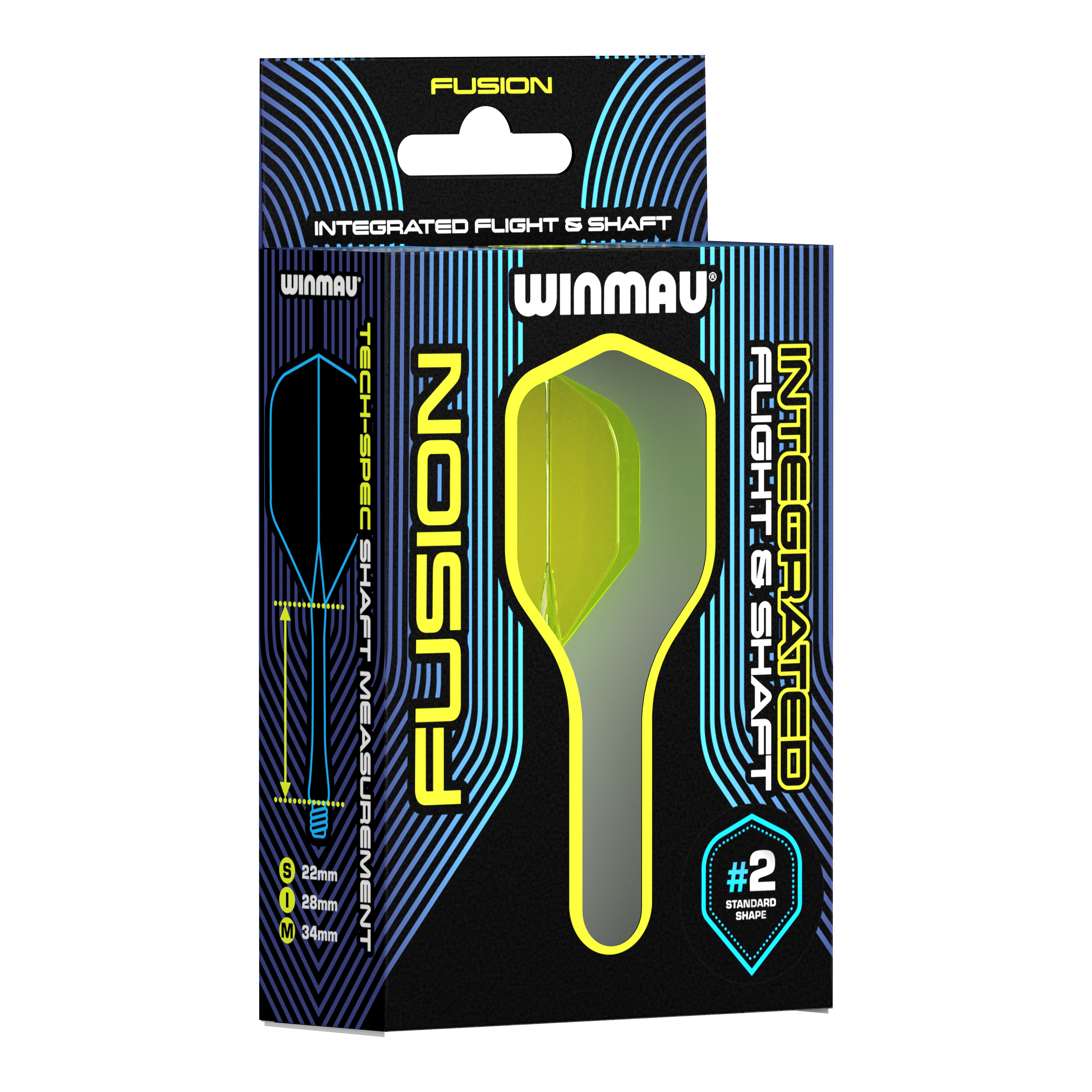 Sistema de eje de vuelo Winmau Fusion estándar amarillo Auf dem Bild ist eine Verpackung des Winmau Fusion Integrated Flight & Shaft Systems zu sehen. Die abgebildeten Flights und Shafts sind in Gelb und haben eine Länge von 22 mm.