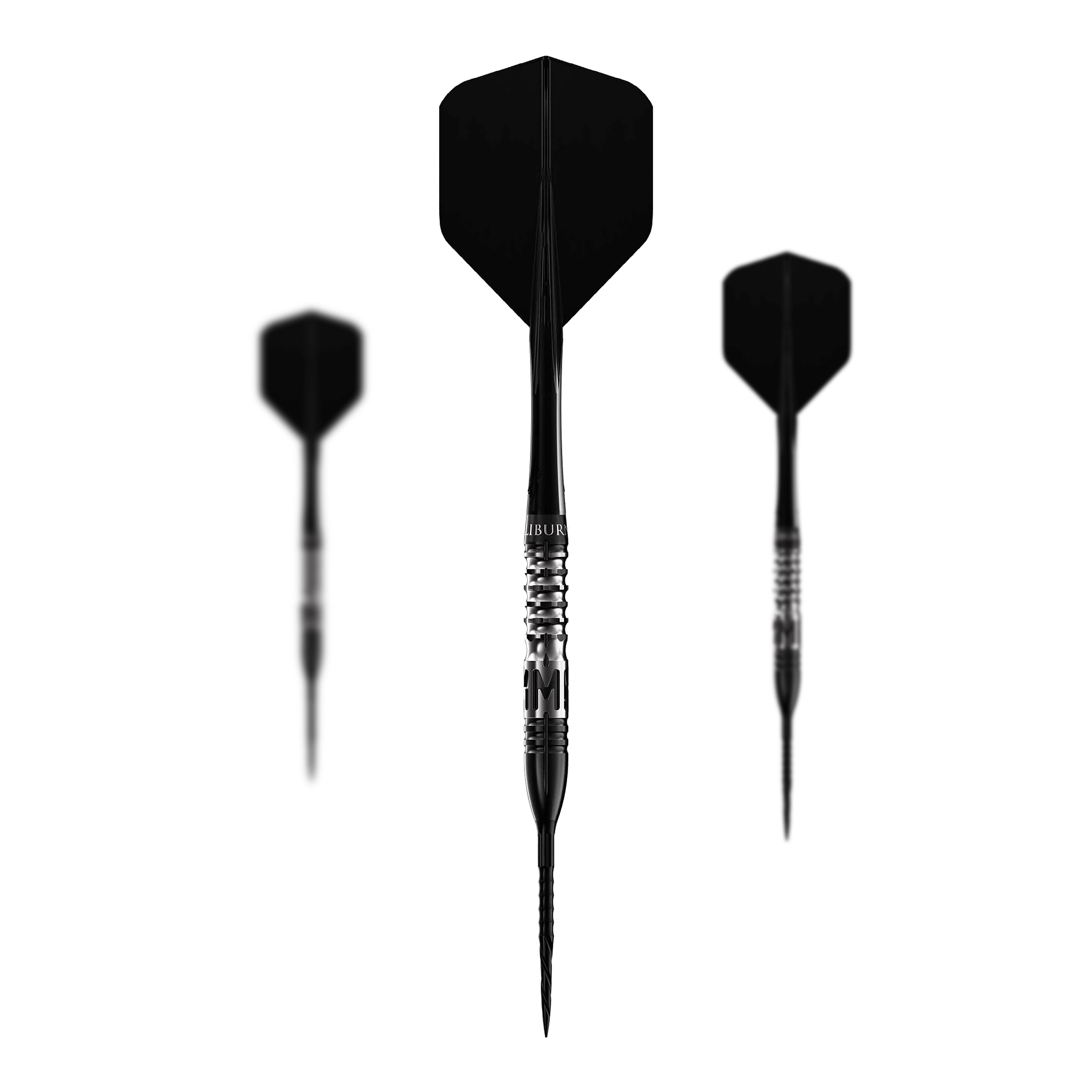Dardos de acero Caliburn Player MAK Das Bild zeigt drei Steeldarts des Produkts „Caliburn Player MAK Steeldarts - 23,5g“. Die Darts sind schwarz und haben ein geriffeltes Griffstück für besseren Halt.