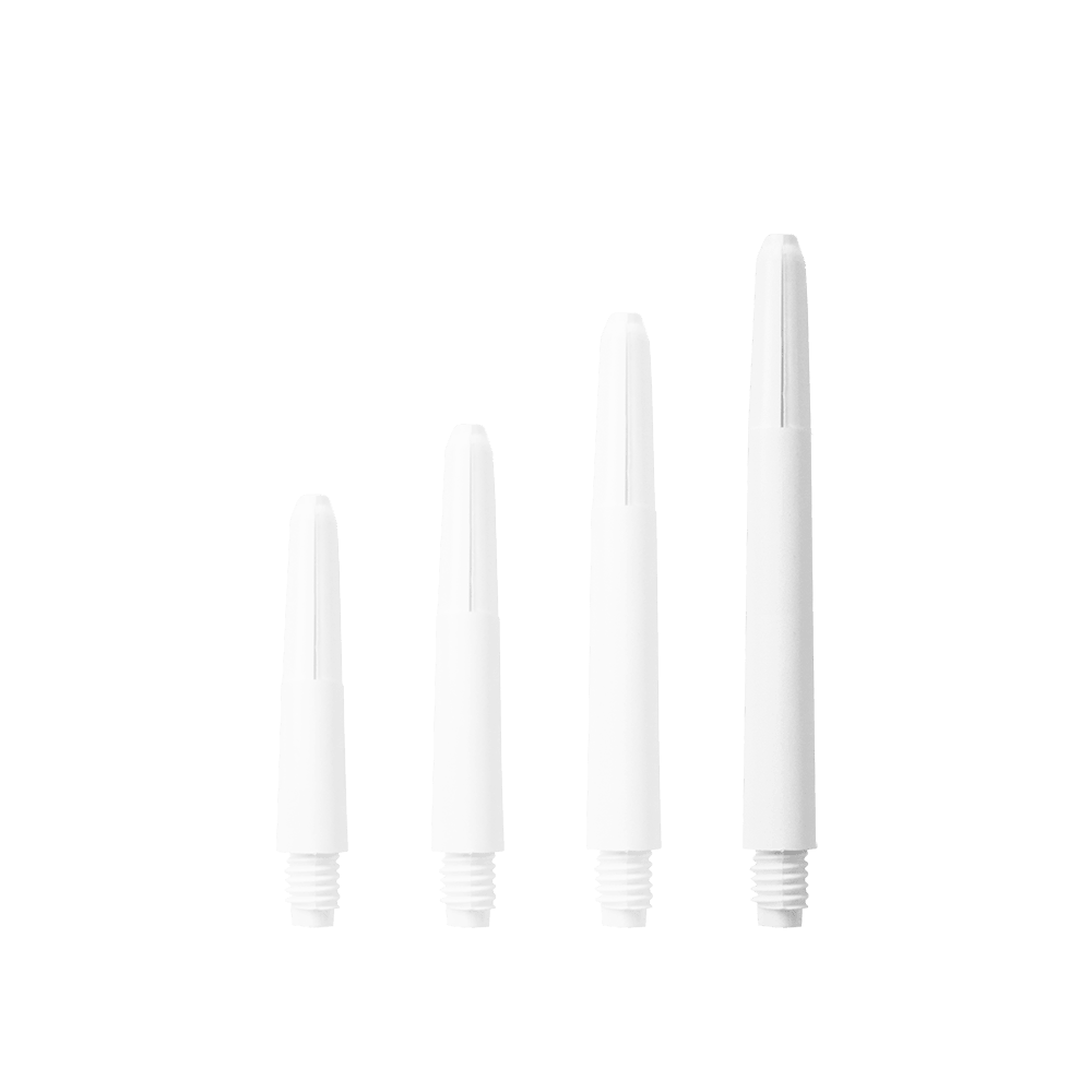 583_Nylon_Shafts_Schneeweiss_48mm_1eEErGS77u6PLx Das Bild zeigt vier weiße Nylon-Schäfte in verschiedenen Längen. Sie sind gerade nebeneinander angeordnet und haben ein Gewinde am unteren Ende.