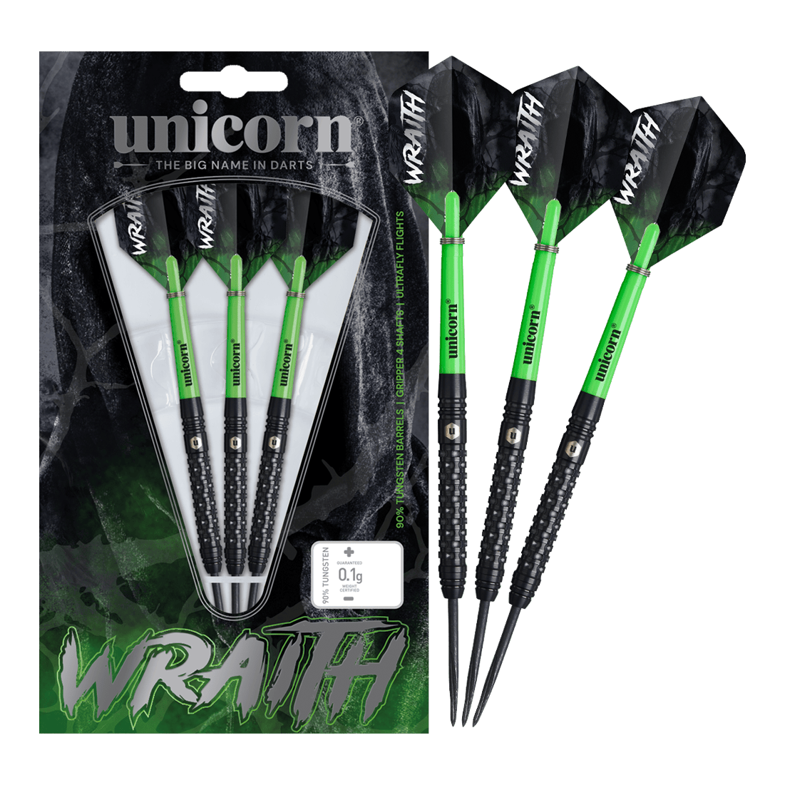 Das Bild zeigt drei Unicorn Wraith Steeldarts. Sie liegen nebeneinander auf weißem Hintergrund.