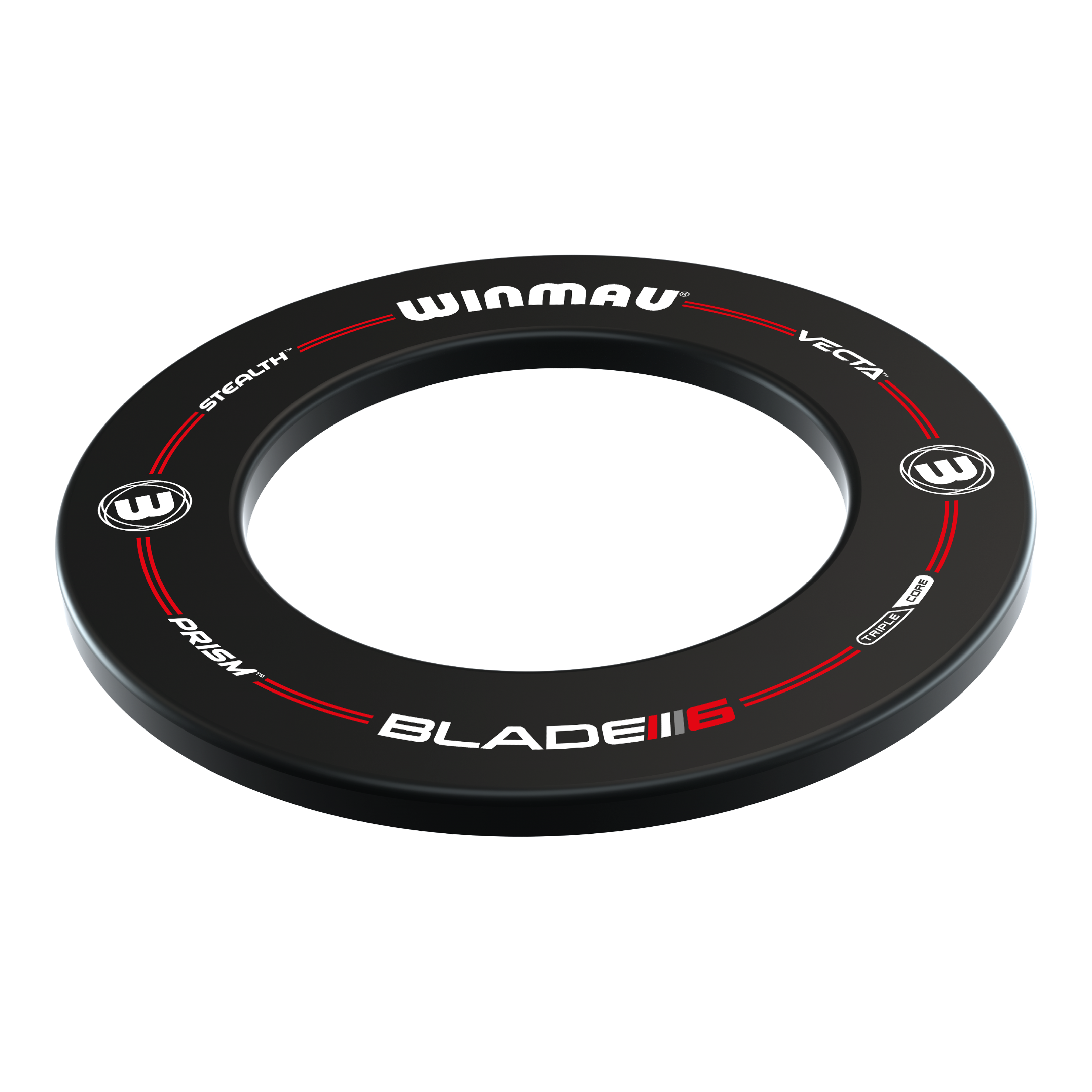 Winmau Pro-Line Blade 6 Dartboard Surround Das Bild zeigt das Produkt "Winmau Pro-Line Blade 6 Dartboard Surround". Es ist ein schwarzer Dartboard-Ring mit weiß-rotem Aufdruck und dient zum Schutz der Wand um das Dartboard.