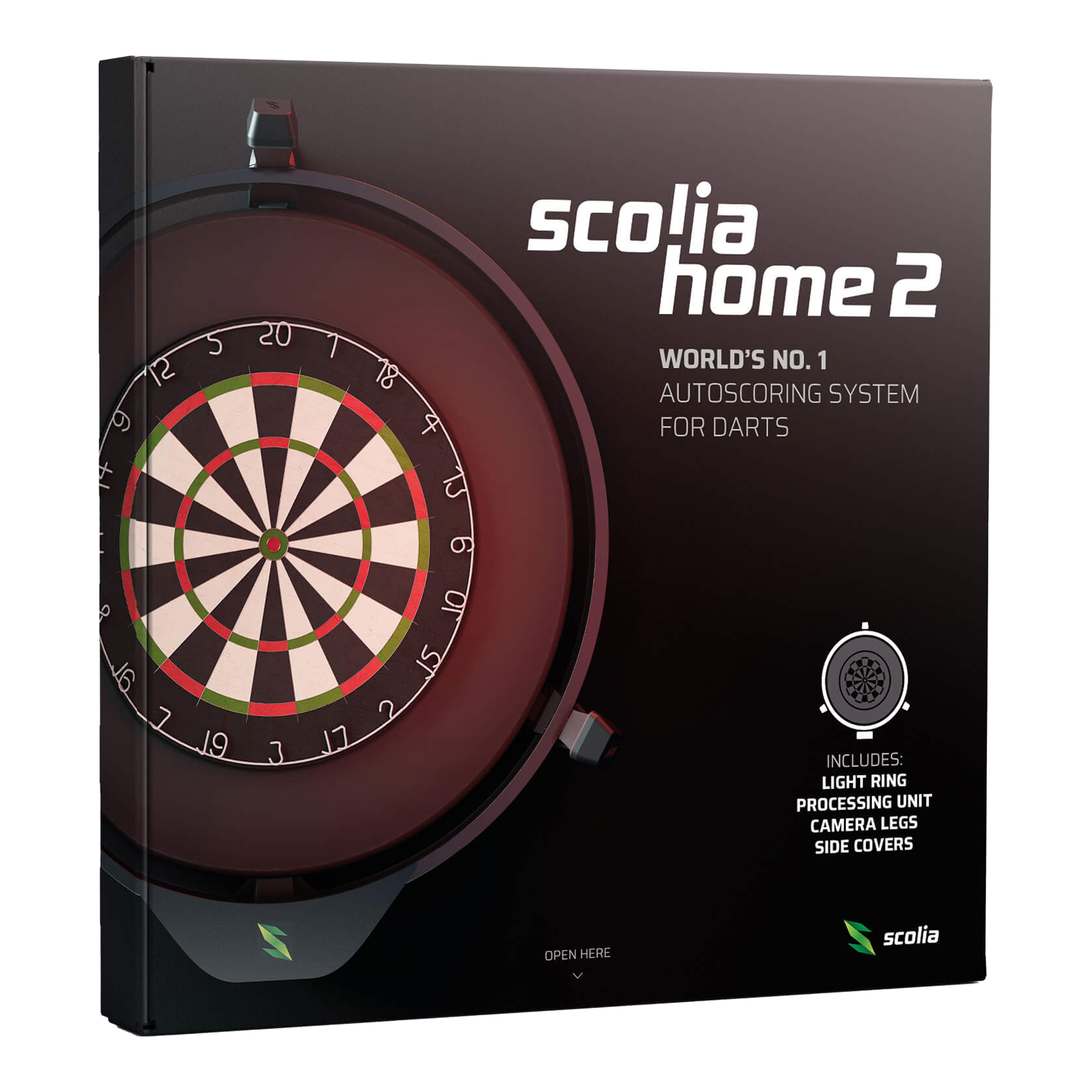 Sistema de puntuación automática electrónica Scolia Home 2 con anillo de iluminación 2026 Auf dem Bild ist die Verpackung des Produkts "Scolia Home 2 Electronic Score System mit Beleuchtungsring" zu sehen. Es handelt sich um ein automatisches Zählsystem für Dartspiele mit Licht, Kamerabeinen und Abdeckungen.