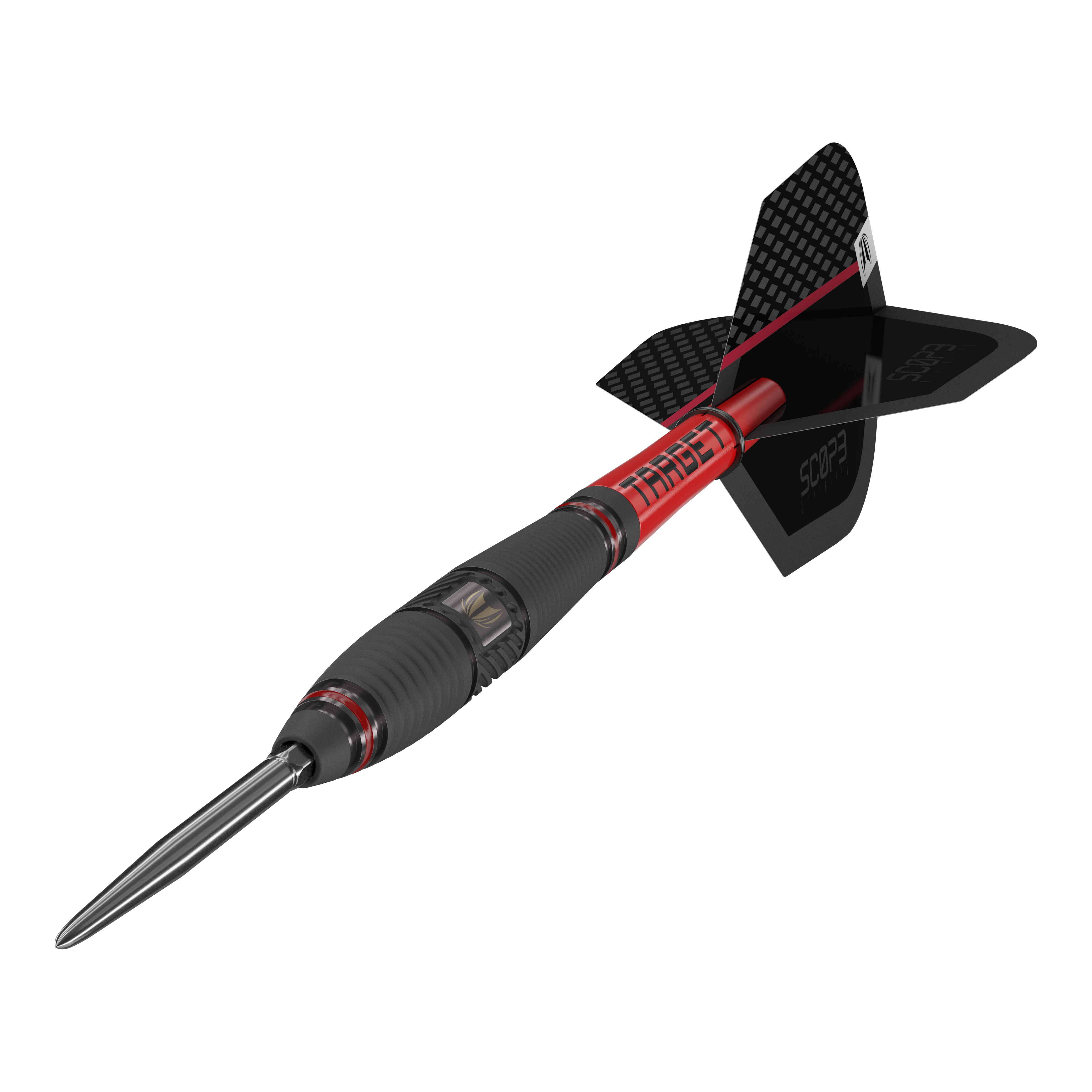 Dardos de acero Target Scope 03 Swiss Point Das Bild zeigt einen Target Scope 03 Swiss Point Steeldart mit schwarzem und rotem Design. Der Dartpfeil hat eine stabile Stahlspitze und aerodynamische Flügel.