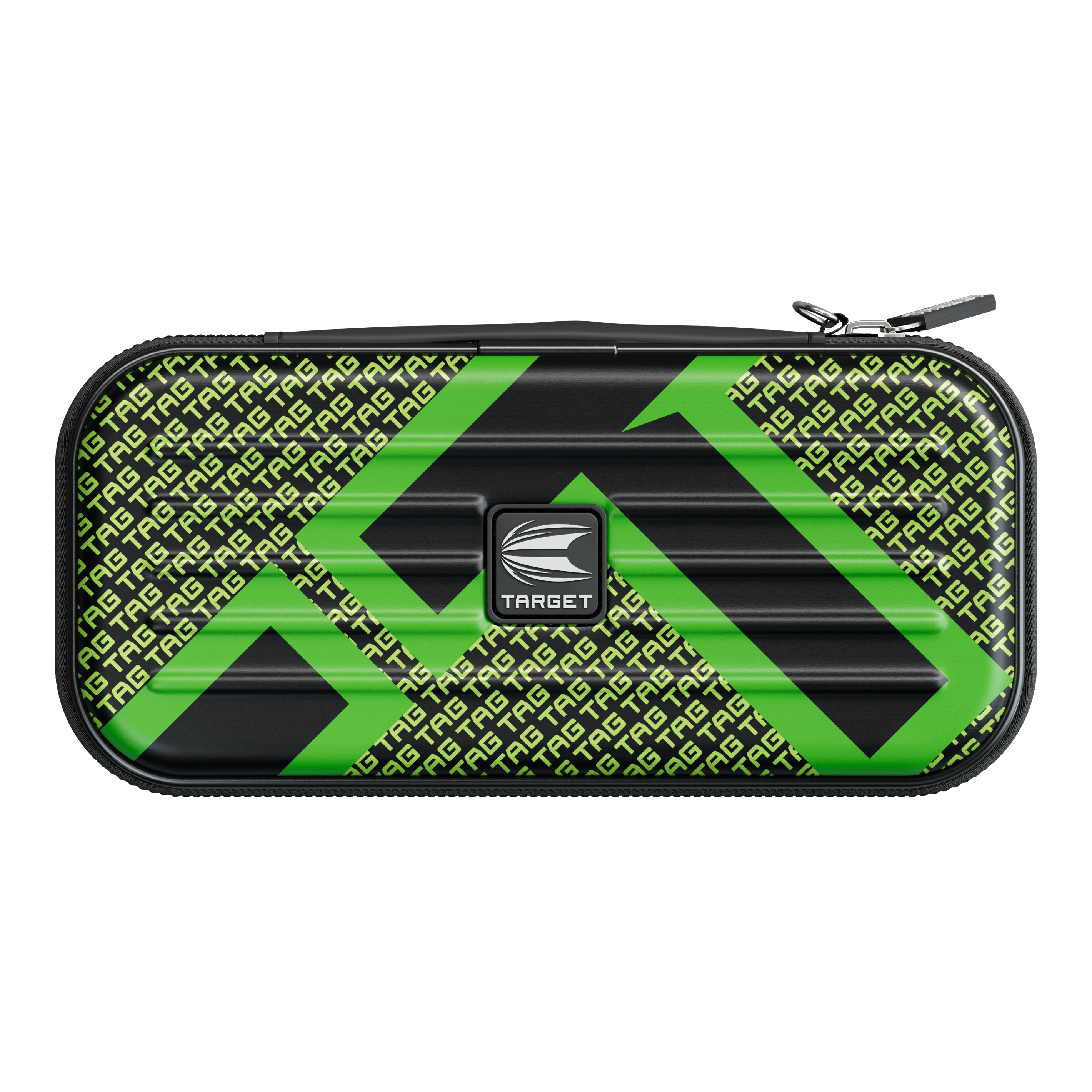 Estuche para dardos Target Takoma TAG Das Bild zeigt ein Dartcase mit einem auffälligen grünen und schwarzen Design. In der Mitte befindet sich ein Logo mit der Aufschrift "TARGET".