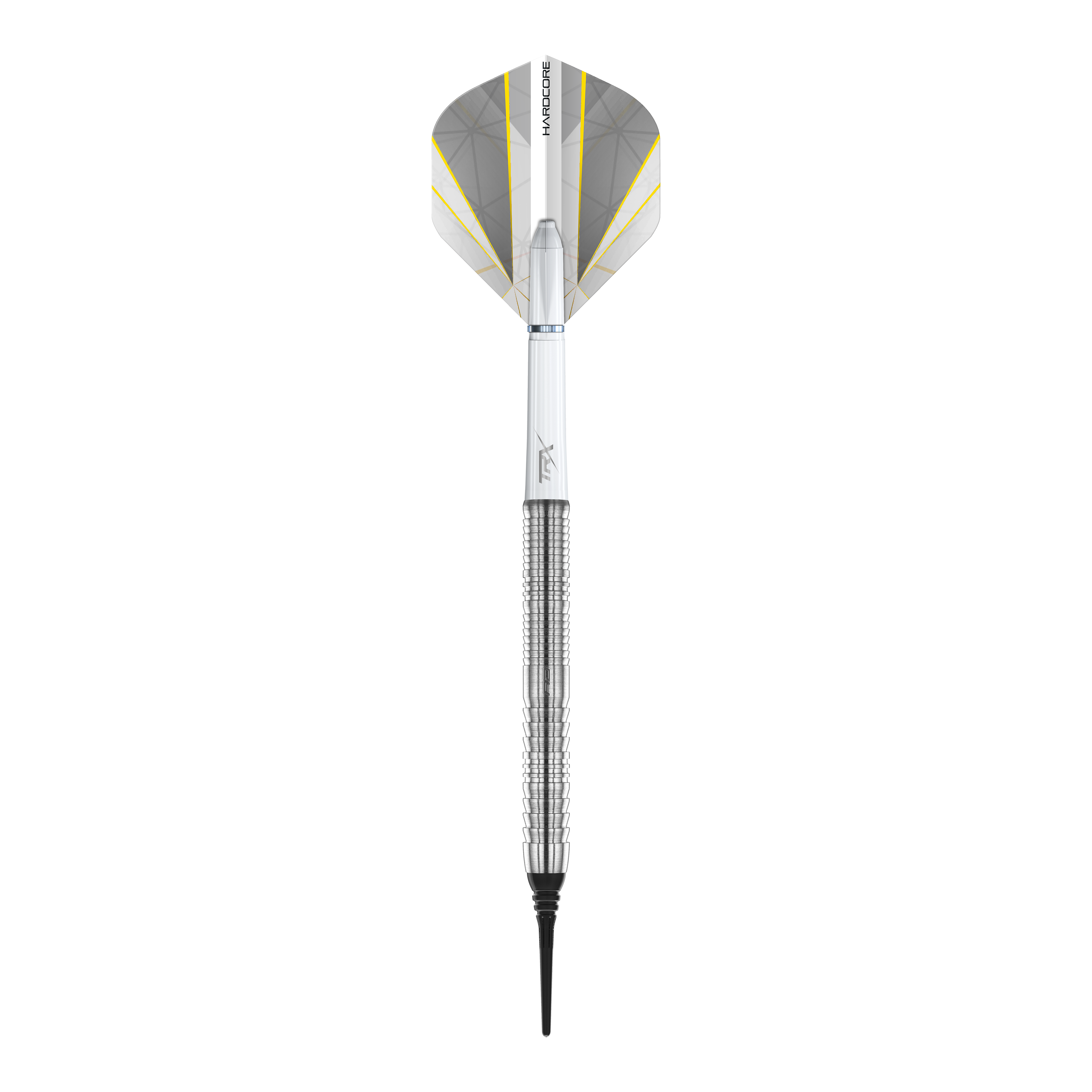 Dardos blandos Red Dragon Seren 1 Pure - 20 g Das Bild zeigt einen Red Dragon Seren 1 Pure Softdart mit einem Gewicht von 20 Gramm. Der Dart ist silberfarben und hat eine weiße und gelbe Flight.