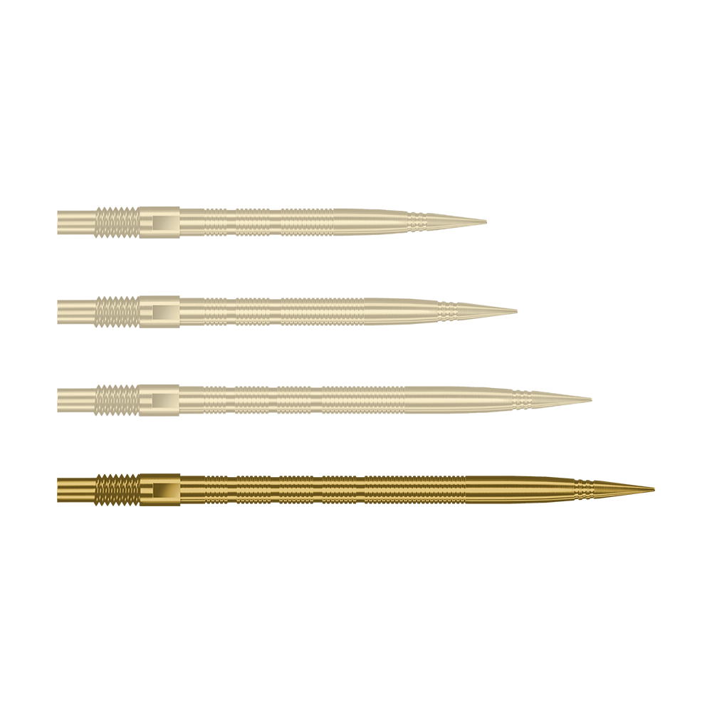 Puntas de dardos Harrows Quick Point Micro Ridge - Doradas Hier sieht man eine einzelne Harrows Quick Point MicroRidge Dartspitze in Gold, 40mm. Sie liegt auf einem hellen Hintergrund.