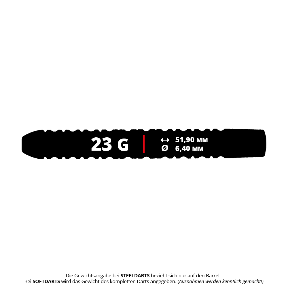Das Bild zeigt ein McDart Ocean Steeldart Barrel mit einem Gewicht von 23 Gramm. Die Länge beträgt 51,90 mm und der Durchmesser 6,40 mm.