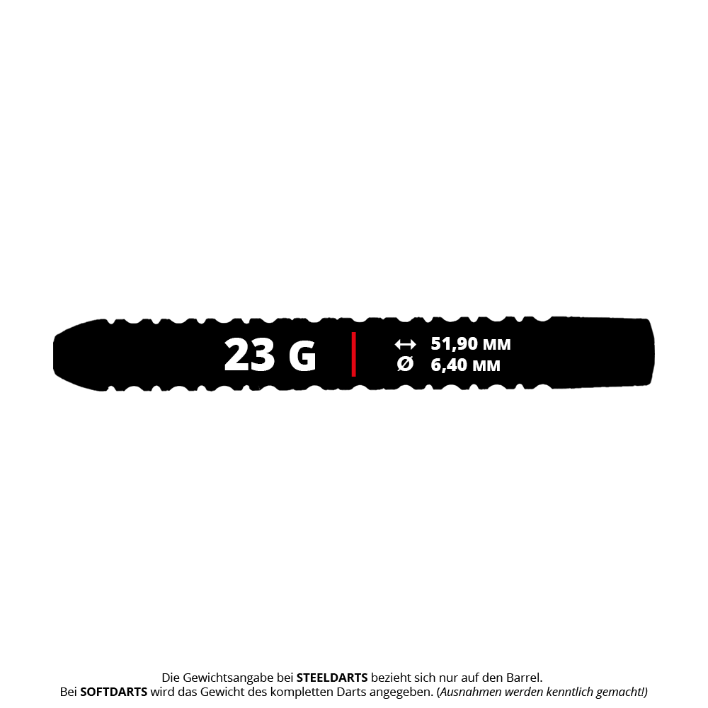 Barriles de dardos de acero McDart Ocean - 23 g Das Bild zeigt ein McDart Ocean Steeldart Barrel mit einem Gewicht von 23 Gramm. Die Länge beträgt 51,90 mm und der Durchmesser 6,40 mm.