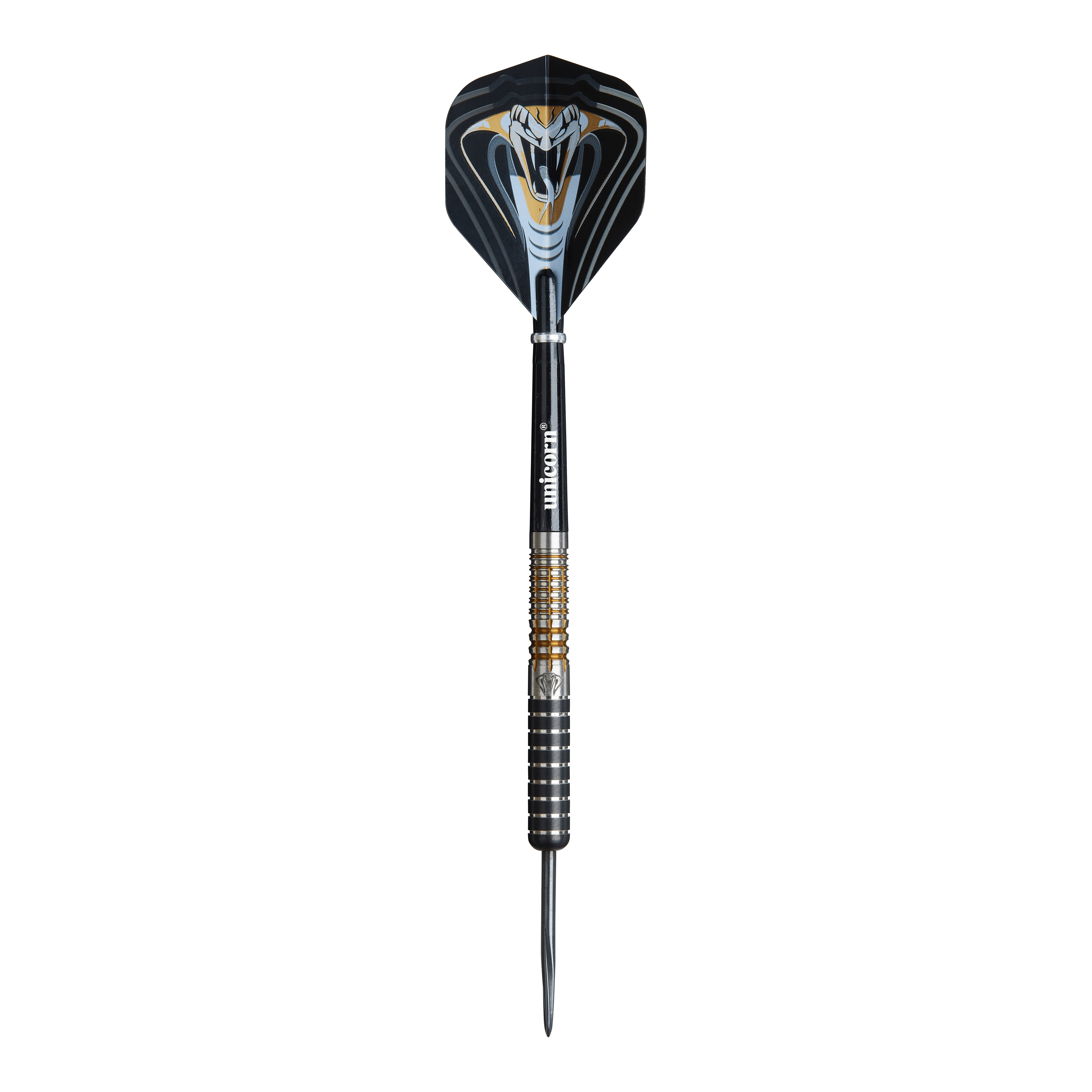 Dardos de acero Unicorn Maestro Jeffrey De Zwaan Fase 3 Das Bild zeigt einen Unicorn Maestro Jeffrey De Zwaan Phase 3 Steeldart. Der Dart ist schwarz mit silbernen und goldenen Akzenten und zeigt ein auffälliges Schlangendesign auf dem Flight.