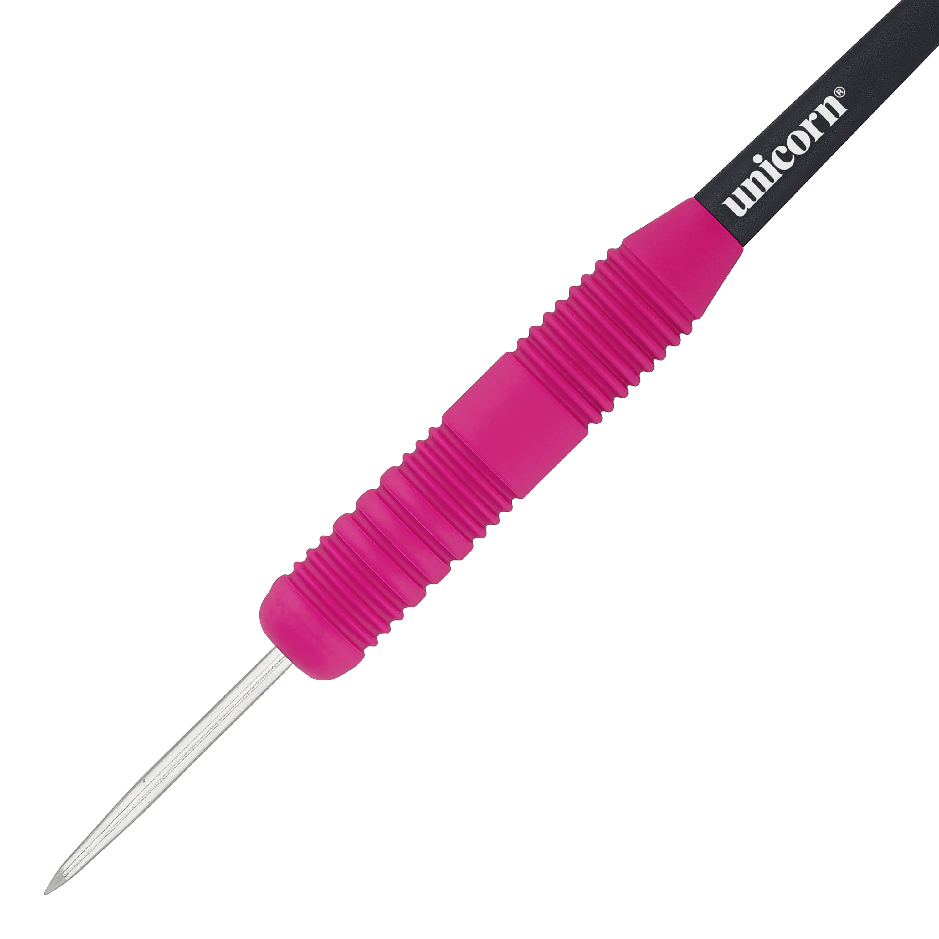 Dardos de acero de goma rosa Unicorn Core Plus Das Bild zeigt einen Unicorn Core Plus Steeldart mit einem gummierten, pinken Griff. Der Dart hat eine silberne Spitze und einen schwarzen Schaft mit dem weißen "unicorn"-Logo.
