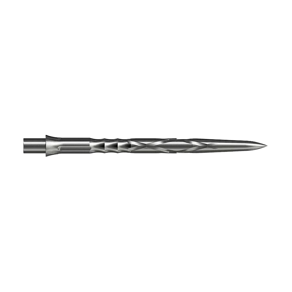 Auf dem Bild ist eine silberne Steeldartspitze mit eingedrehtem Muster zu sehen. Sie ist lang und schmal mit einer spitzen Spitze.