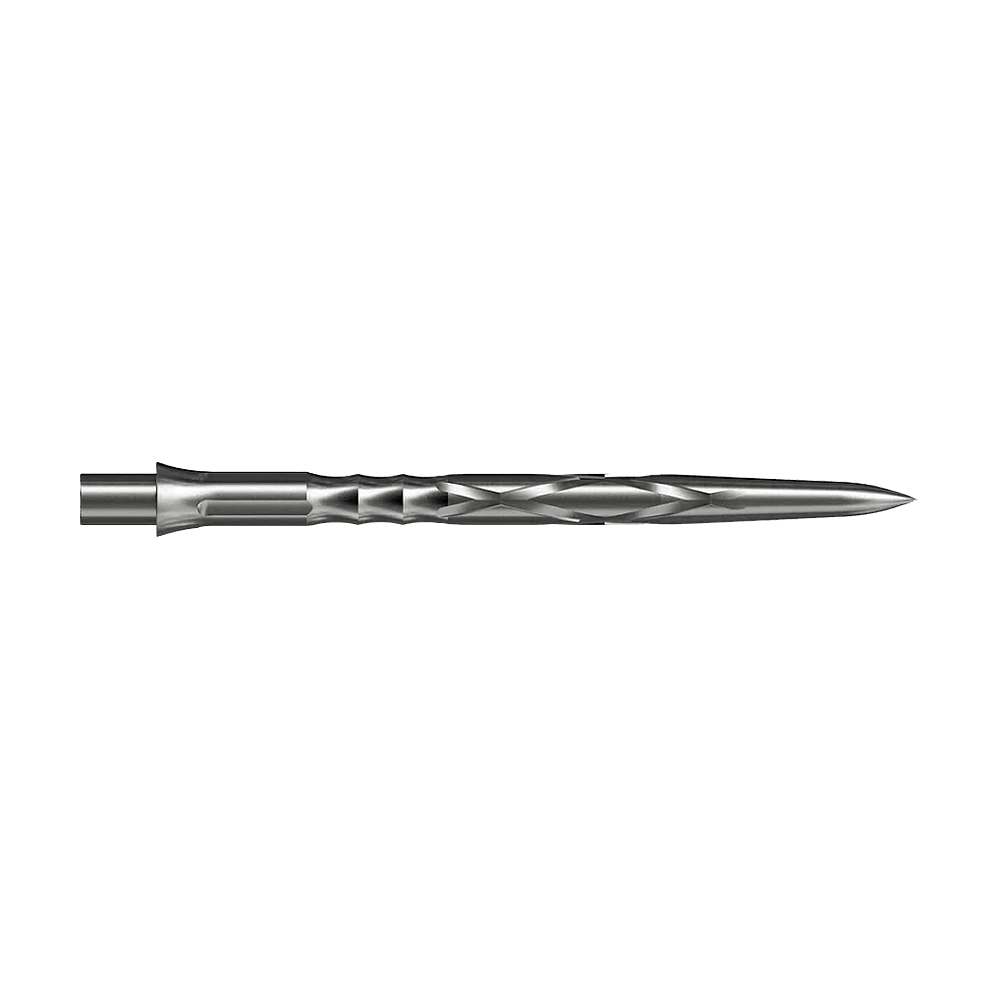 Puntas de dardos de acero Caliburn System - HAN G2 - Plata Auf dem Bild ist eine silberne Steeldartspitze mit eingedrehtem Muster zu sehen. Sie ist lang und schmal mit einer spitzen Spitze.