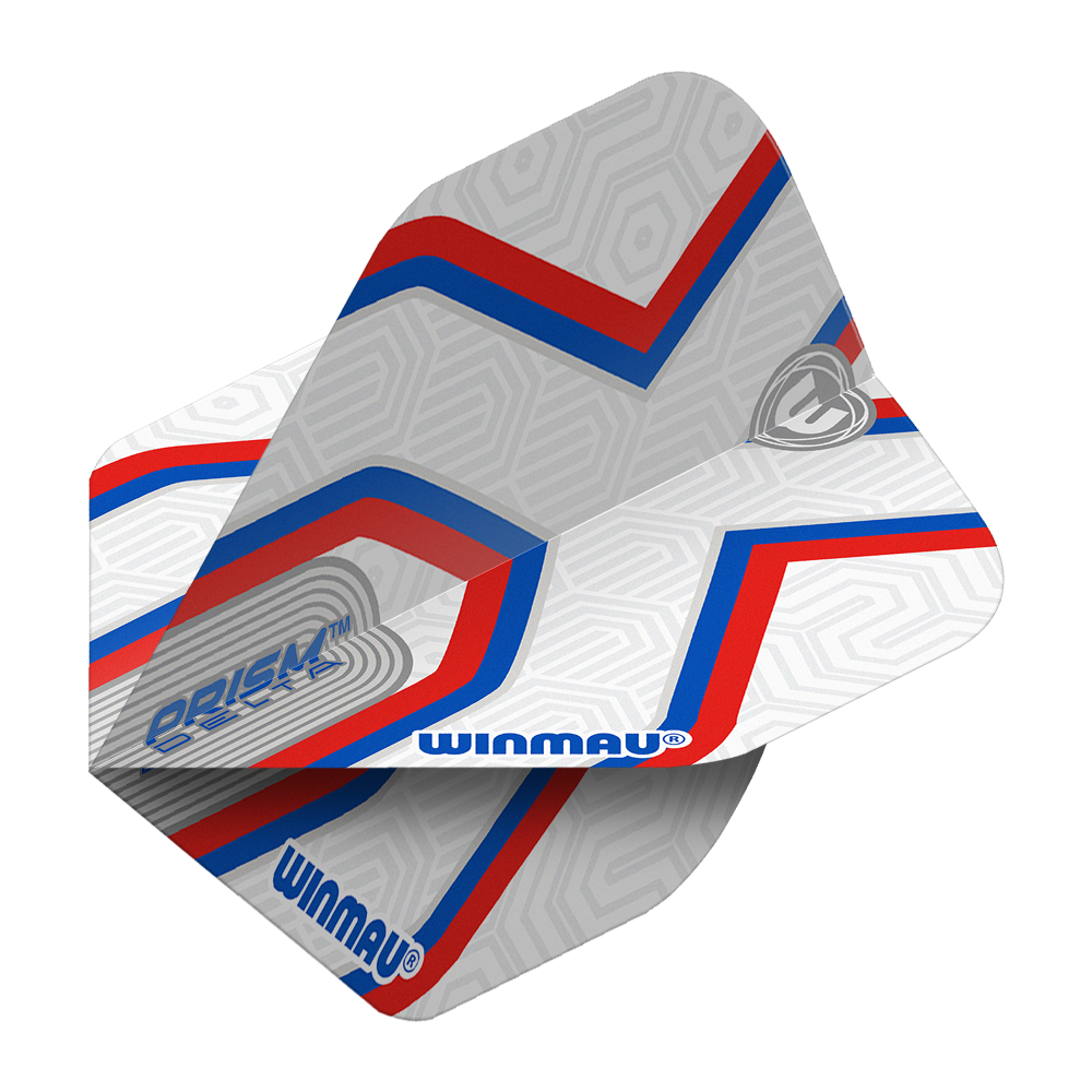 Vuelos estándar Winmau Prism Delta Epix No2 Das Bild zeigt die Winmau Prism Delta Epix No2 Standard Flights. Die Flights sind hauptsächlich weiß mit roten und blauen Streifen sowie dem Winmau-Logo.