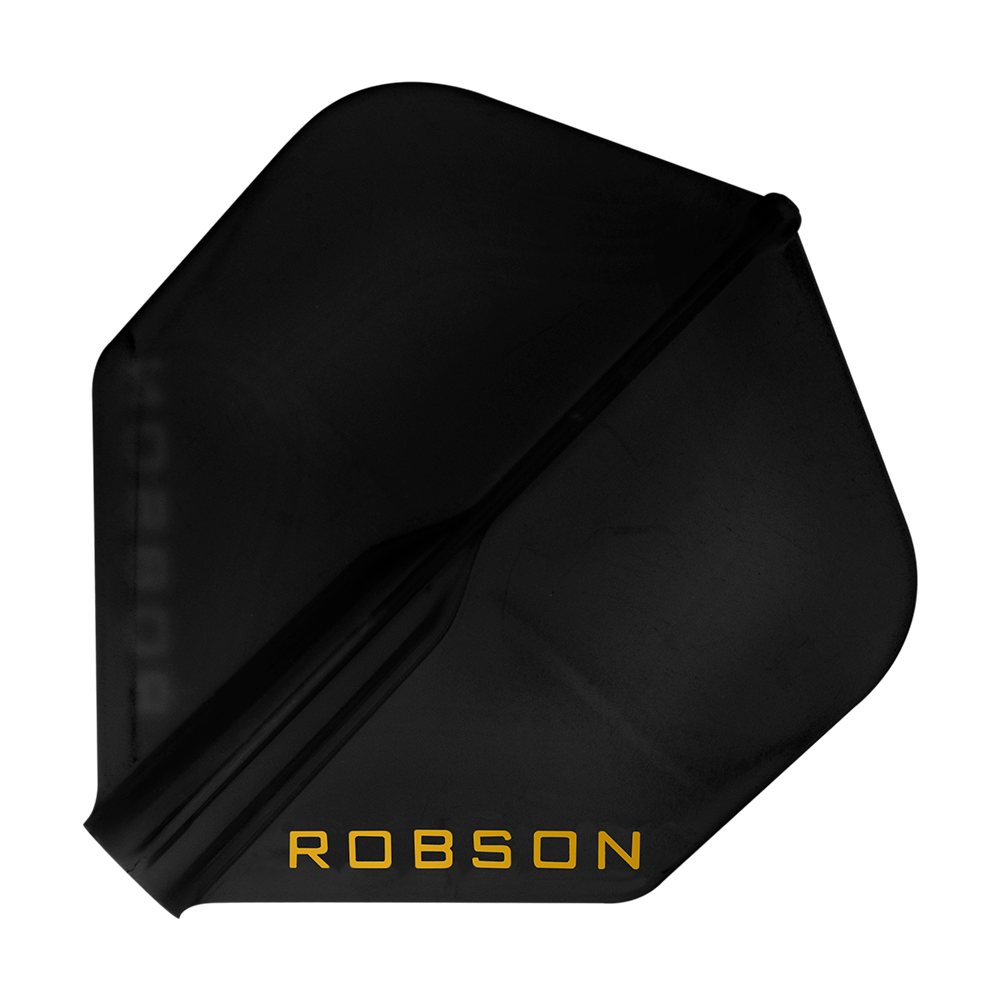 Dies ist ein schwarzes Dartflight mit der Aufschrift "ROBSON" in gelber Farbe. Das Flight hat eine Standardform und wirkt robust.