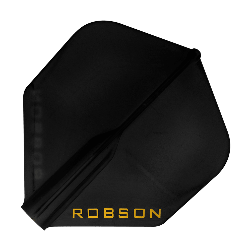 Plumas Robson Plus - Estándar Dies ist ein schwarzes Dartflight mit der Aufschrift "ROBSON" in gelber Farbe. Das Flight hat eine Standardform und wirkt robust.