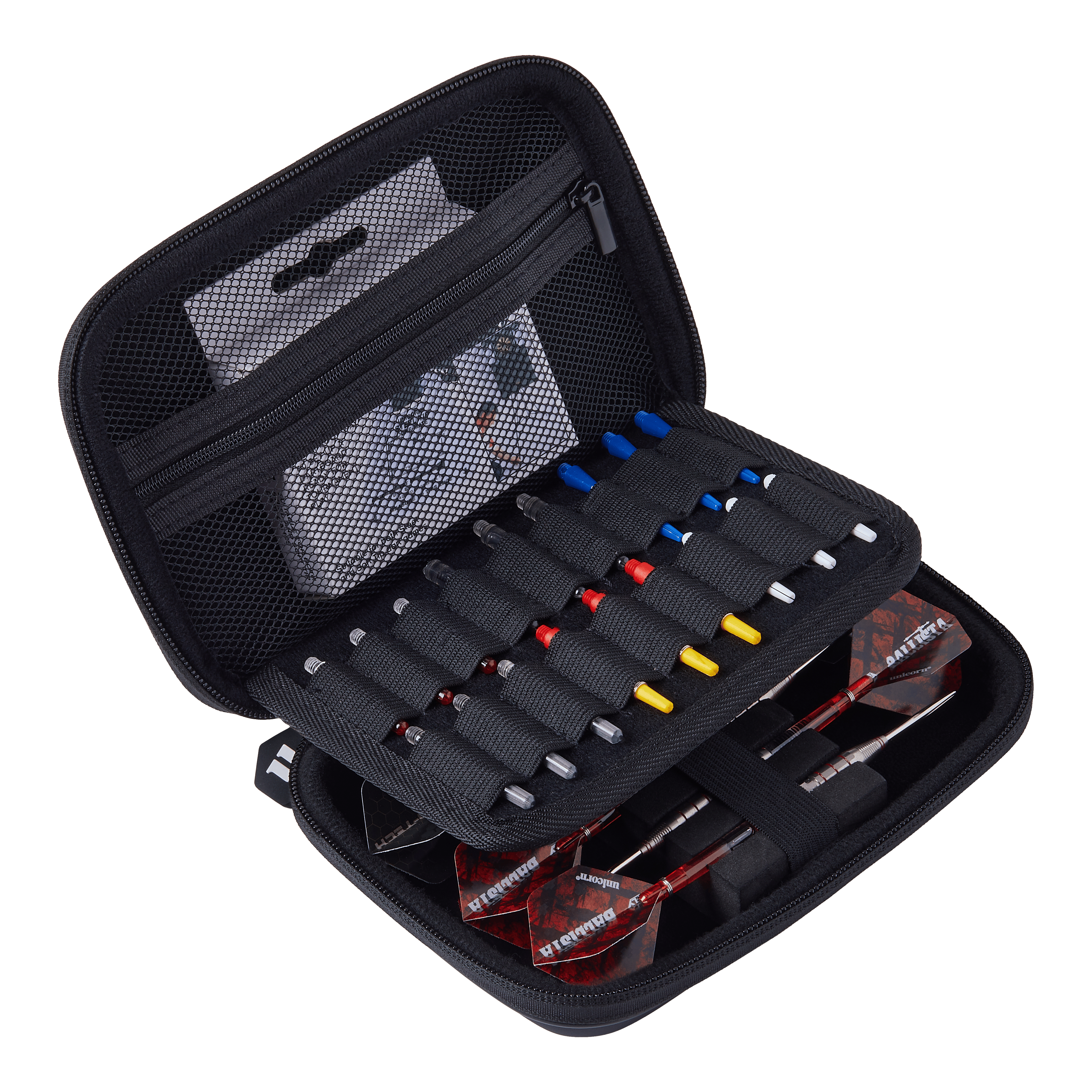 Cartera de dardos Unicorn Ultra Gary Anderson Das Bild zeigt das Produkt "Unicorn Ultra Gary Anderson Dartwallet". Das Dartwallet ist offen und enthält mehrere Ersatzteile sowie zwei zusammengebaute Darts.