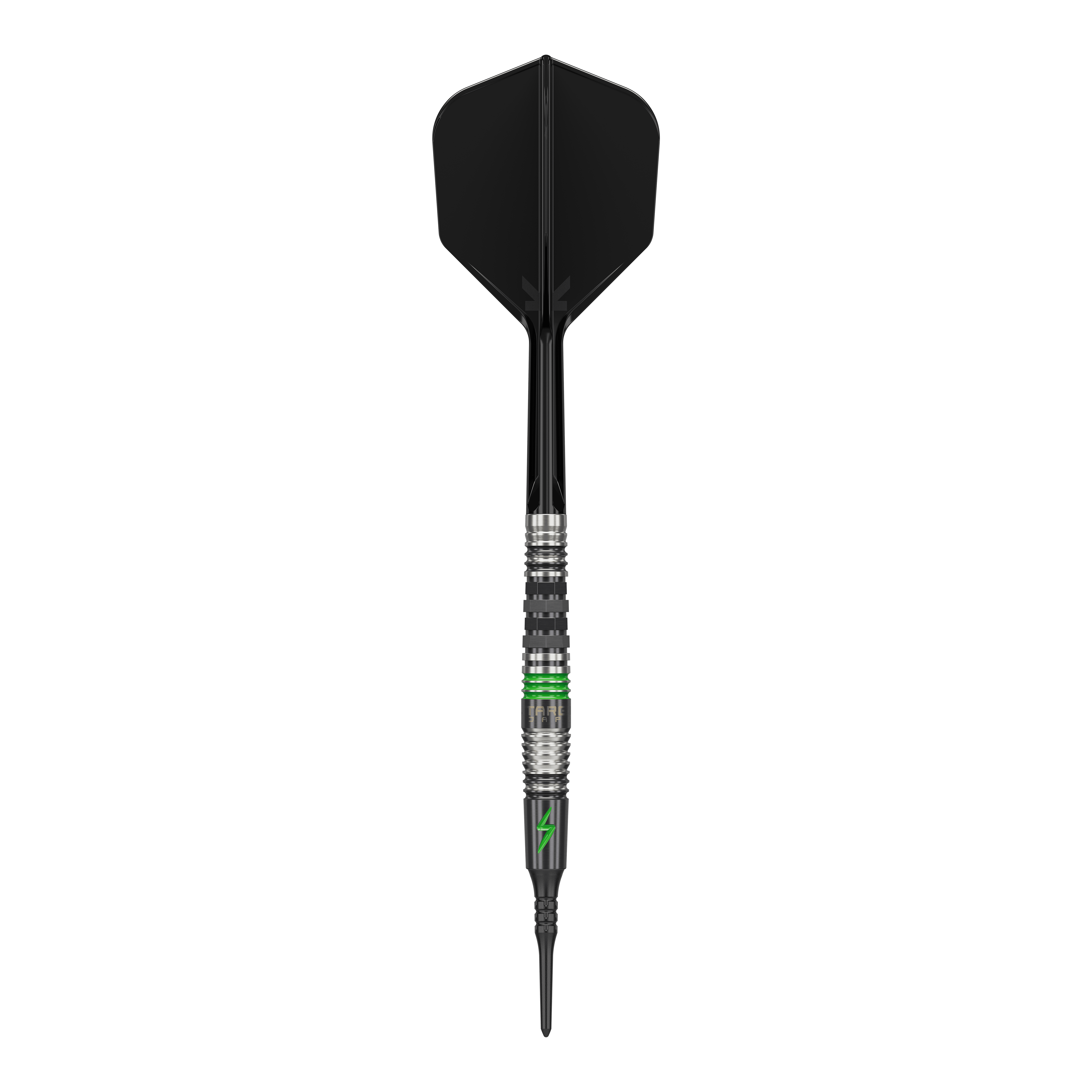 Dardos blandos Target Japan Black Marque Lightning 3 - 19 g Dieses Bild zeigt einen Softdart mit dem Namen "Target Japan Black Marque Lightning 3" mit einem Gewicht von 19g. Der Dart ist überwiegend schwarz mit silbernen und grünen Akzenten gestaltet.