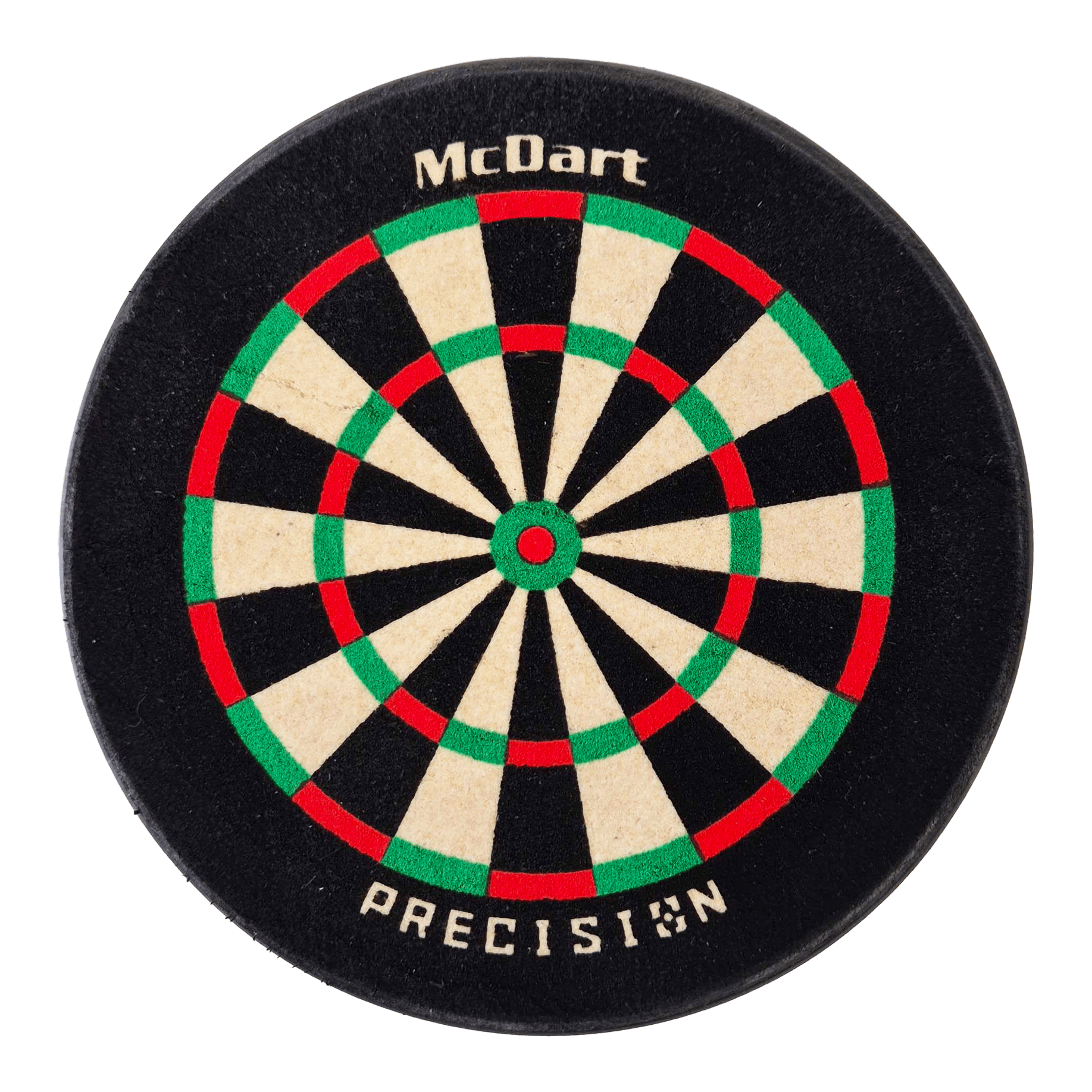 Porta dardos McDart Precision Mini Das Bild zeigt eine kleine, runde Dartscheibe mit der Aufschrift „McDart“ und „PRECISION“. Die Scheibe hat die klassischen Farben Weiß, Schwarz, Rot und Grün.