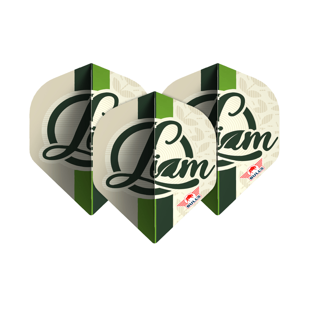 Bulls NL Jugador 100 Liam Maendl Lawrance No2 Vuelos Estándar Das Bild zeigt drei Dart-Flights mit dem Namen "Liam" in grüner Schrift darauf. Unten rechts befindet sich das rote Bulls NL Logo.