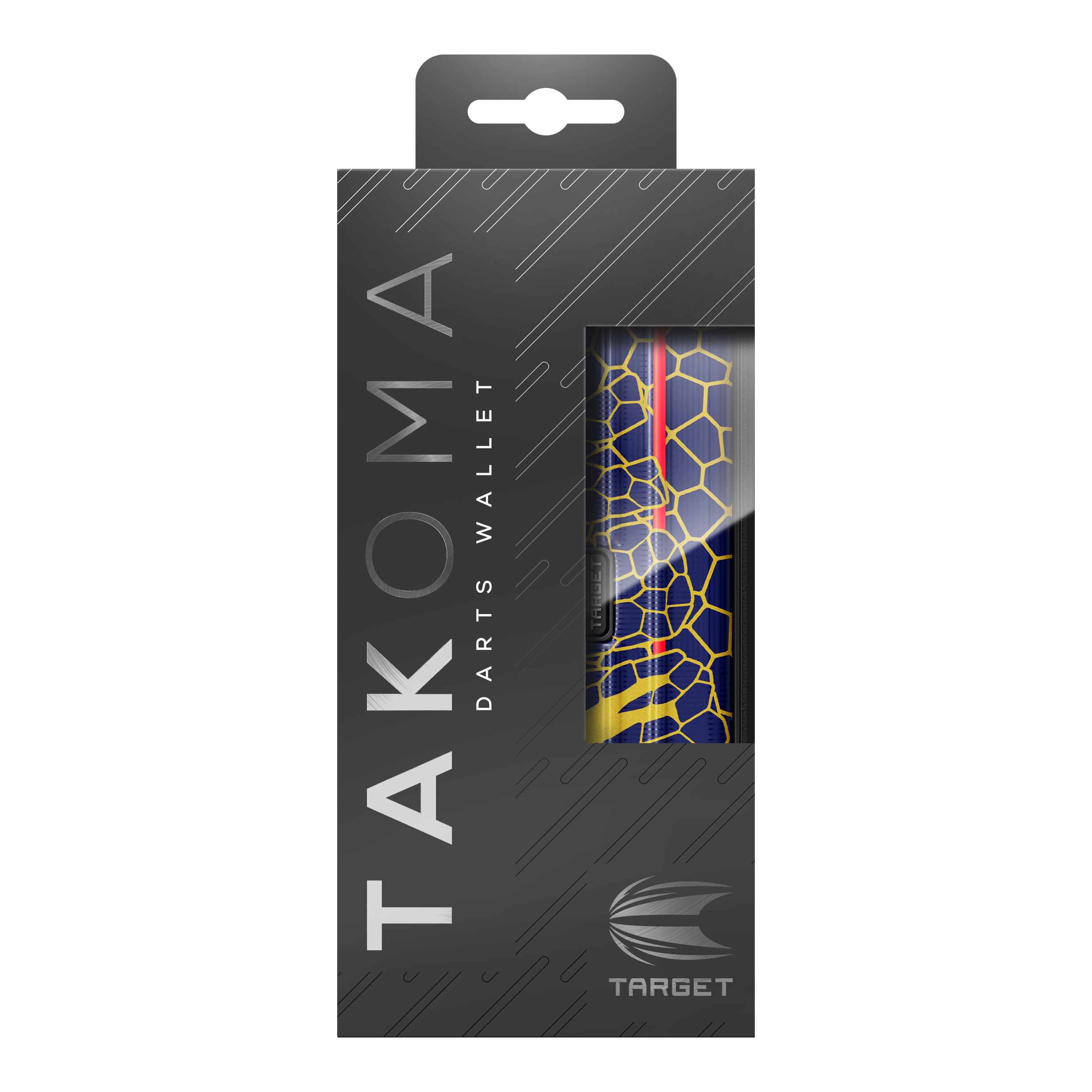 Estuche para dardos Target Takoma Josh Rock Dies ist das Target Takoma Josh Rock Dartcase in einer eleganten schwarzen Verpackung. Durch das Sichtfenster sieht man das Design des Dartcases mit einem blauen und gelben Wabenmuster.